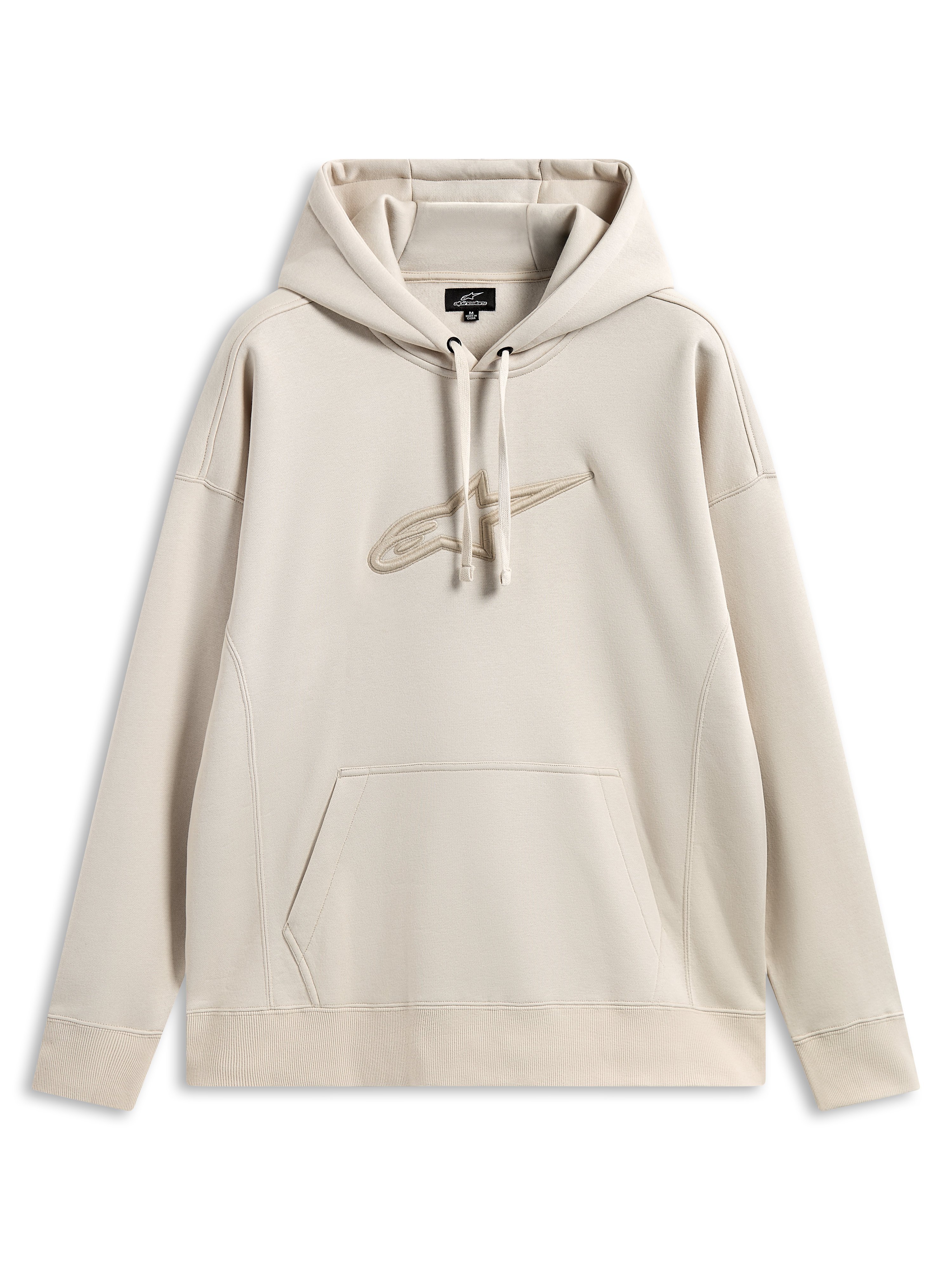 Alpinestars Emergent Oversized Hoodie, casual motorsport-streetwear, sandfärgad med ton-i-ton 3D-broderad Astars-logotyp, huva med dragsnöre, känguruficka, avslappnad oversized-passform