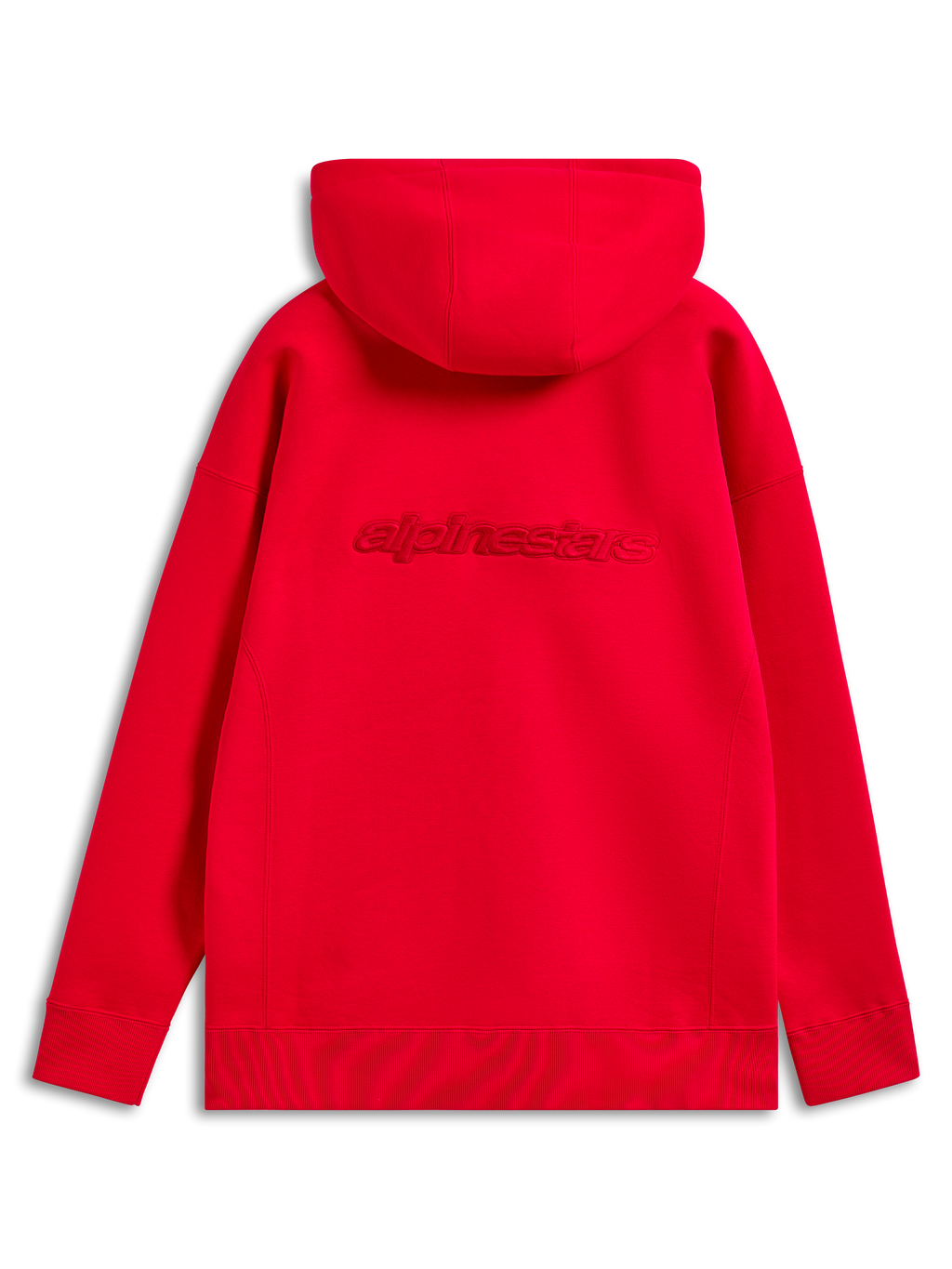 Alpinestars Emergent Oversized Hoodie, röd, baksida med ton-i-ton broderad Alpinestars ordlogotyp över ryggen, oversized passform med ribbade muddar och fåll, casual motorsport-streetwear