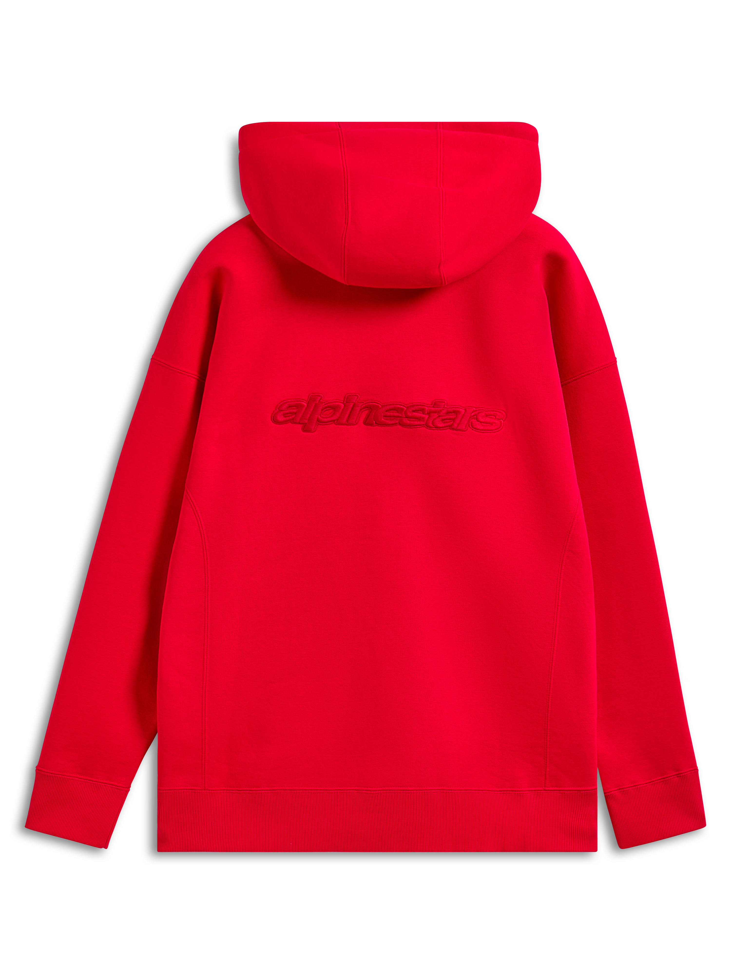Alpinestars Emergent Oversized Hoodie, röd, baksida med ton-i-ton broderad Alpinestars ordlogotyp över ryggen, oversized passform med ribbade muddar och fåll, casual motorsport-streetwear