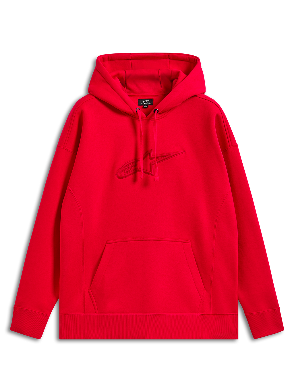 Alpinestars Emergent Oversized Hoodie, röd, pullover-huvtröja med ton-i-ton 3D-broderad Astars-logotyp, känguruficka, avslappnat motorsport-streetwear