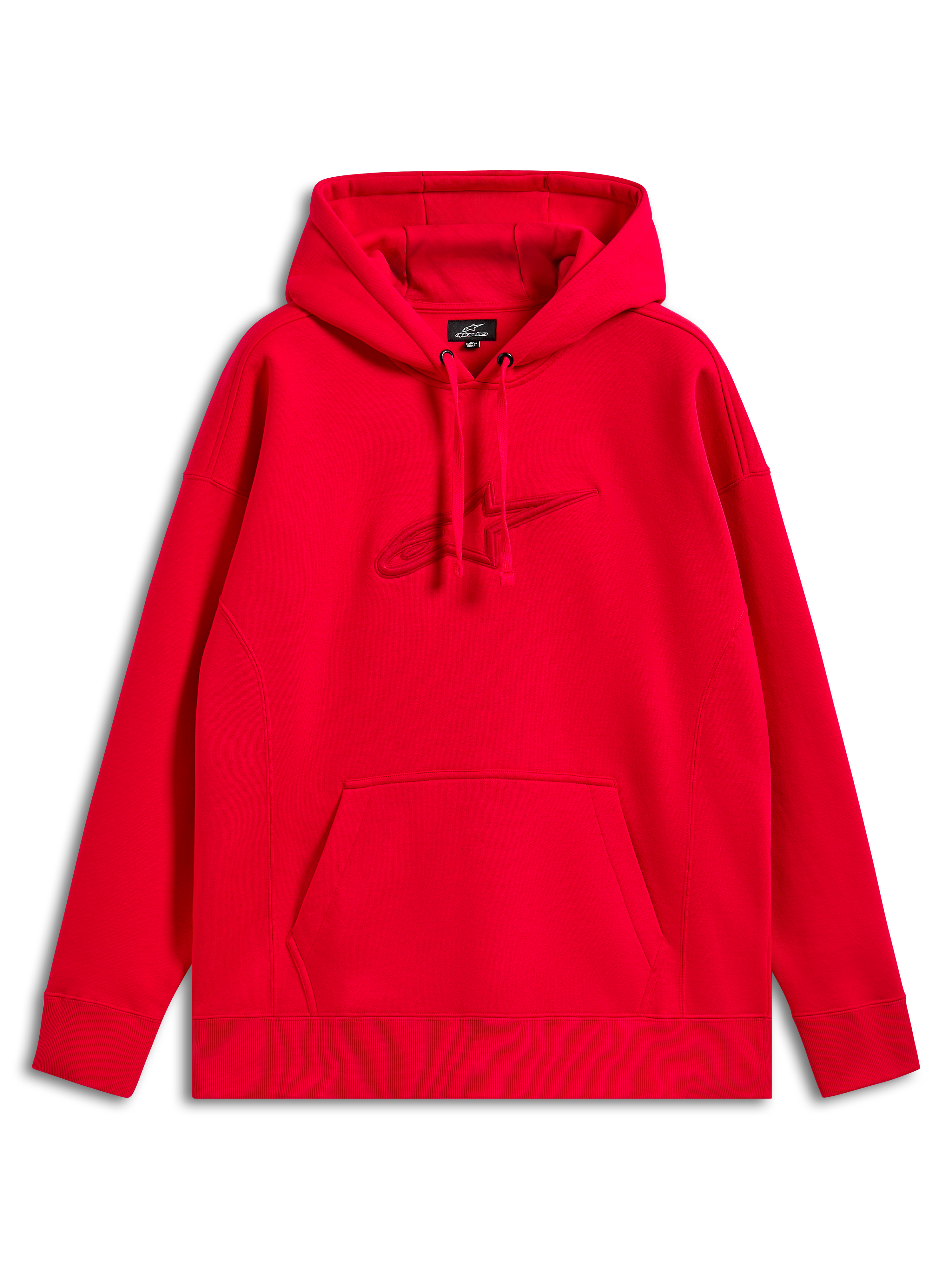 Alpinestars Emergent Oversized Hoodie, röd, pullover-huvtröja med ton-i-ton 3D-broderad Astars-logotyp, känguruficka, avslappnat motorsport-streetwear