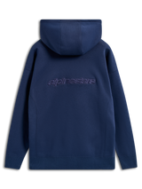 Alpinestars Emergent Oversized Huvtröja, marinblå, vy bakifrån med broderad Alpinestars-ordlogotyp, fleece-tröja i oversized-passform, casual streetwear med huva och ribbade muddar