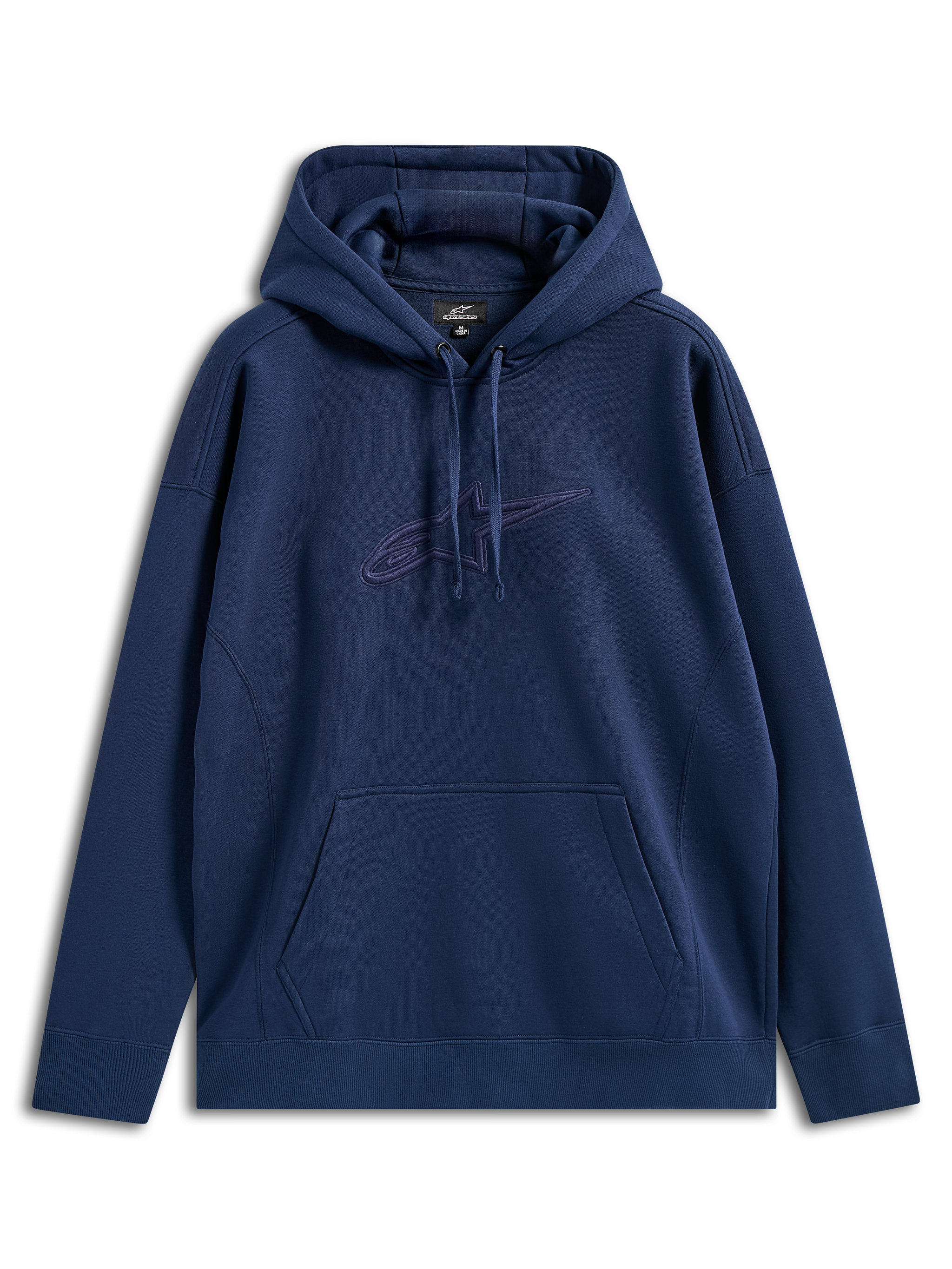 Alpinestars Emergent Oversized Huvtröja, marinblå, fleece-pullover med ton-i-ton 3D-broderad Astars-logotyp på bröstet, känguruficka, huva med dragsnöre, avslappnad passform för vardaglig streetwear
