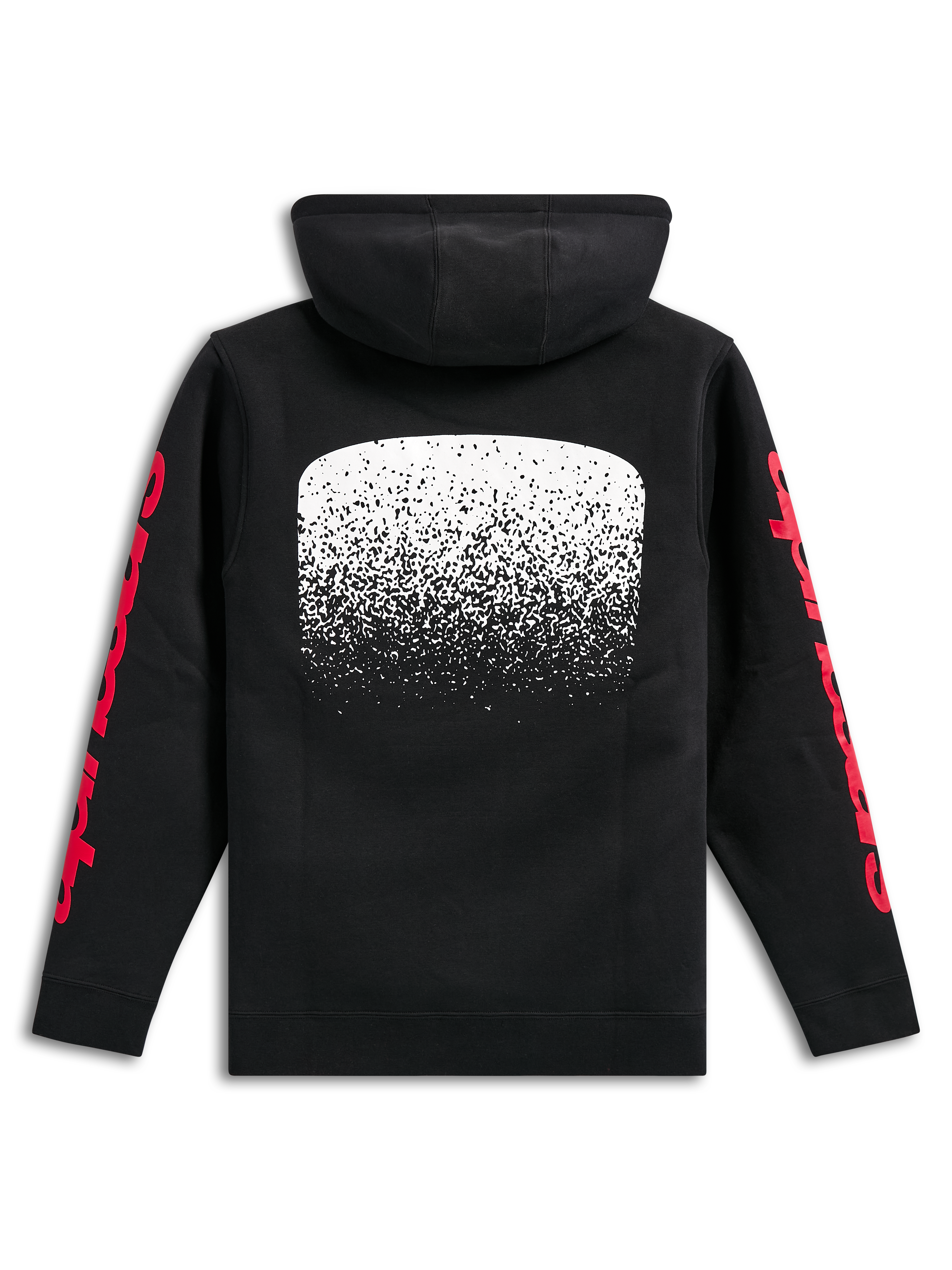 Alpinestars Obsessed Hoodie, black pullover fleece hoodie, back view, large white MX gradation graphic on back, red Alpinestars word logos on sleeves, casual motorsport-inspired streetwear