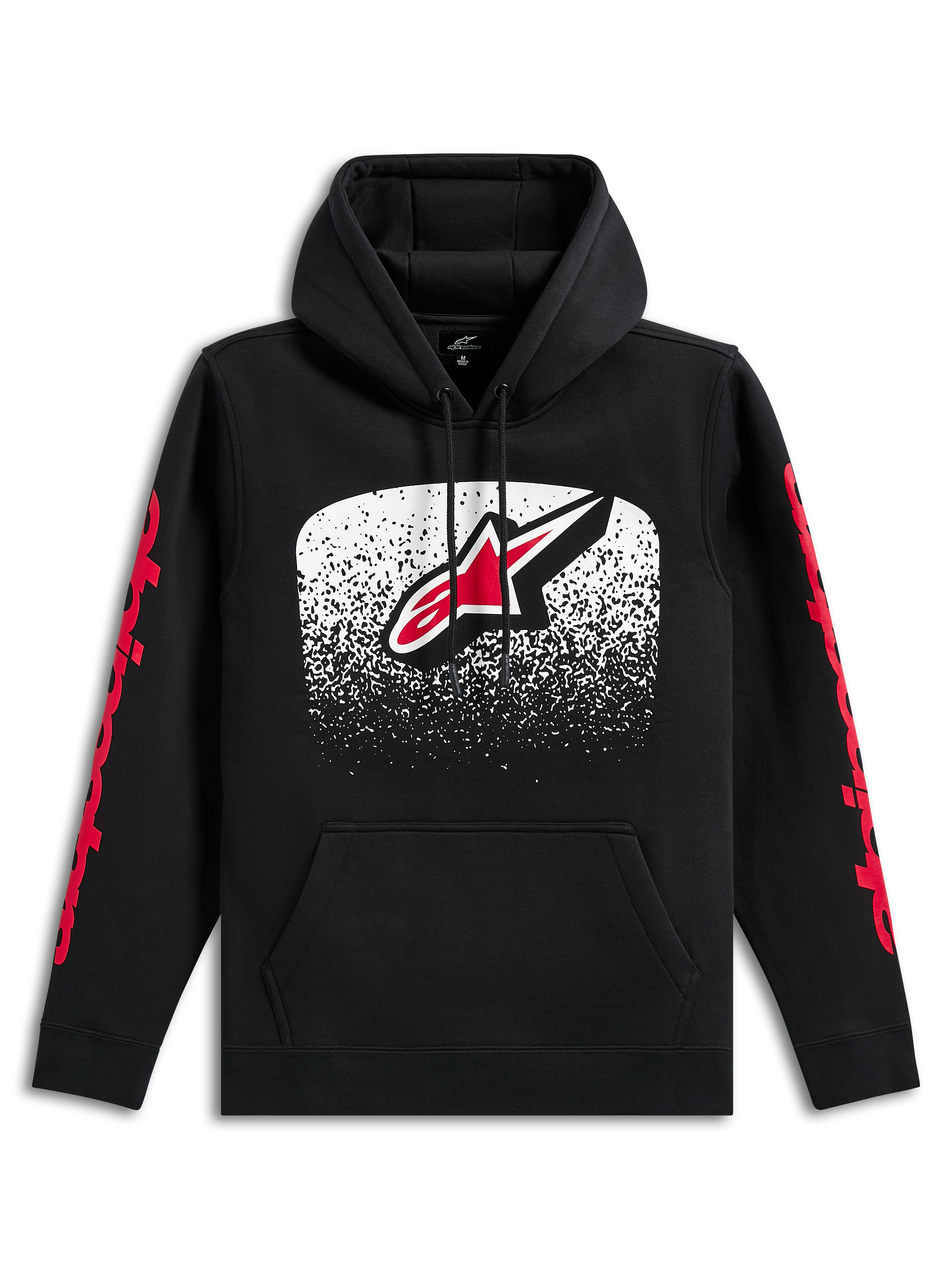 Alpinestars Obsessed Hoodie, Black pullover hoodie, large front Astars logo with white and red MX gradation, red Alpinestars wordmarks on sleeves, drawstring hood and kangaroo pocket, casual motorsport-inspired streetwear
