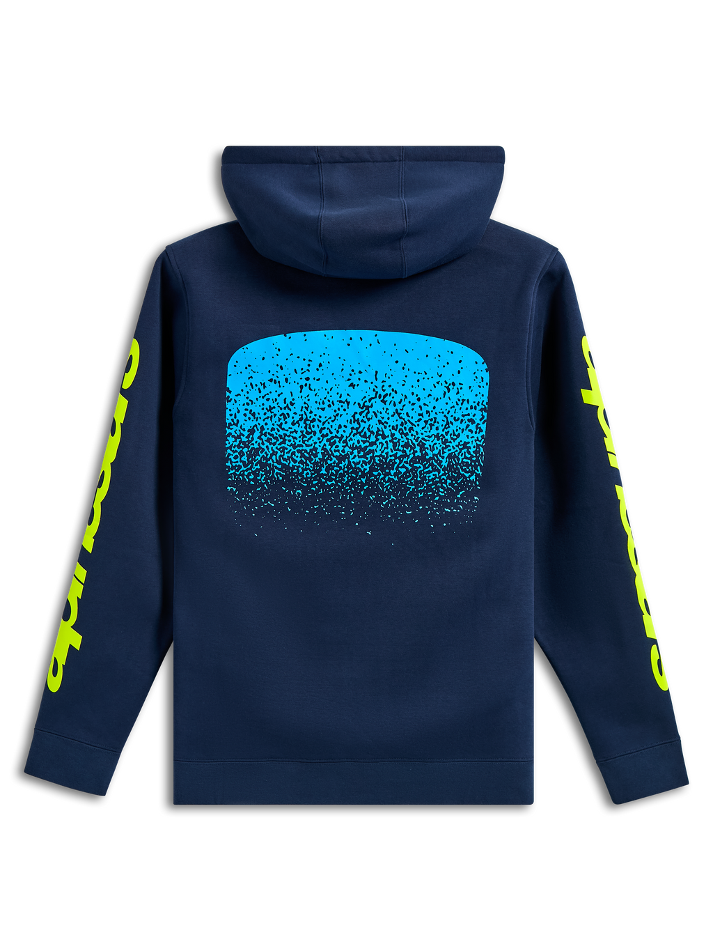 Alpinestars Obsessed Hoodie, baksida, marinblå med ljusblå MX-graderad grafik på ryggen, gula Alpinestars-logotyper på ärmarna, avslappnad motorsport-streetwear