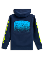 Alpinestars Obsessed Hoodie, baksida, marinblå med ljusblå MX-graderad grafik på ryggen, gula Alpinestars-logotyper på ärmarna, avslappnad motorsport-streetwear