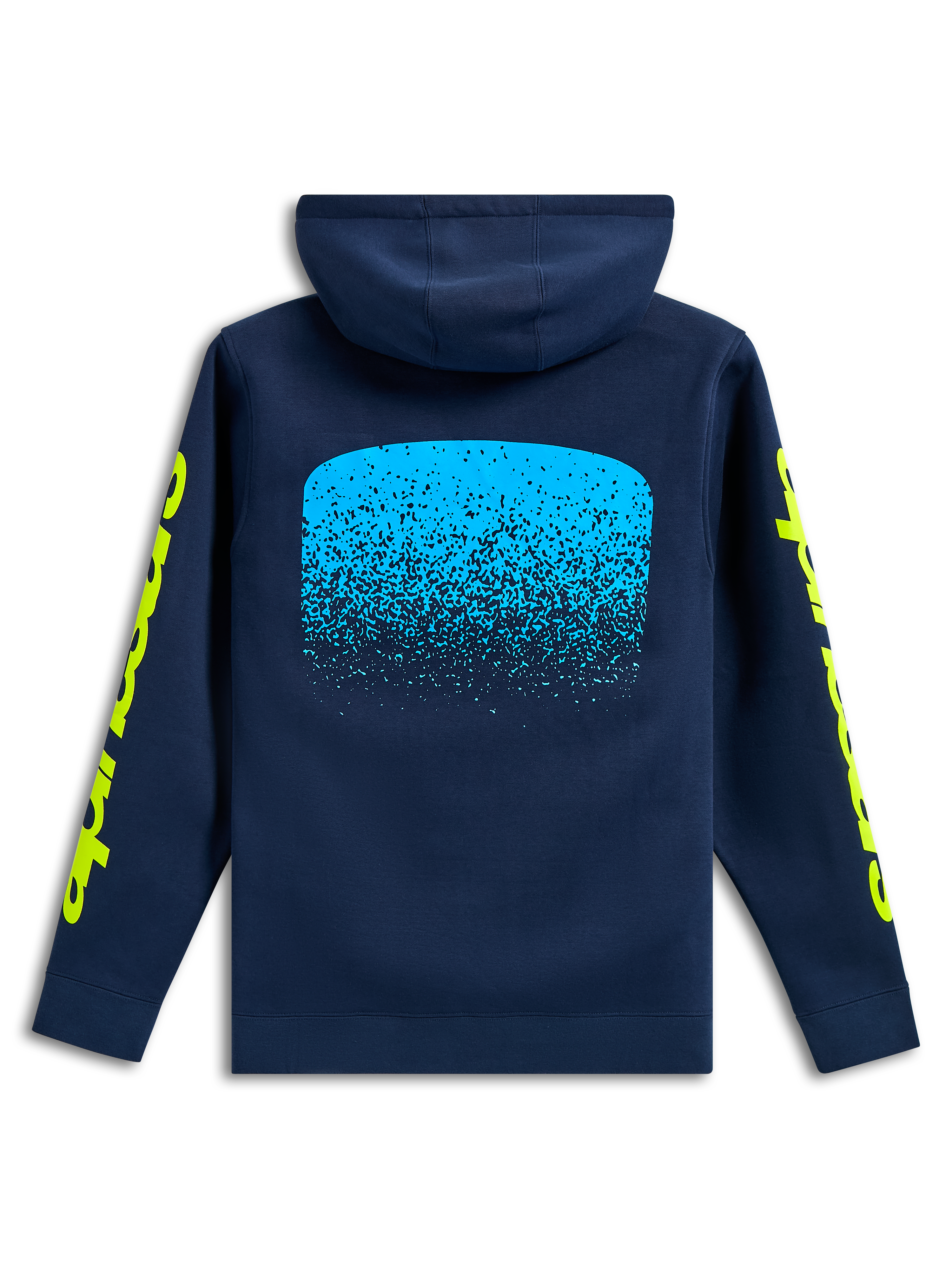 Alpinestars Obsessed Hoodie, baksida, marinblå med ljusblå MX-graderad grafik på ryggen, gula Alpinestars-logotyper på ärmarna, avslappnad motorsport-streetwear