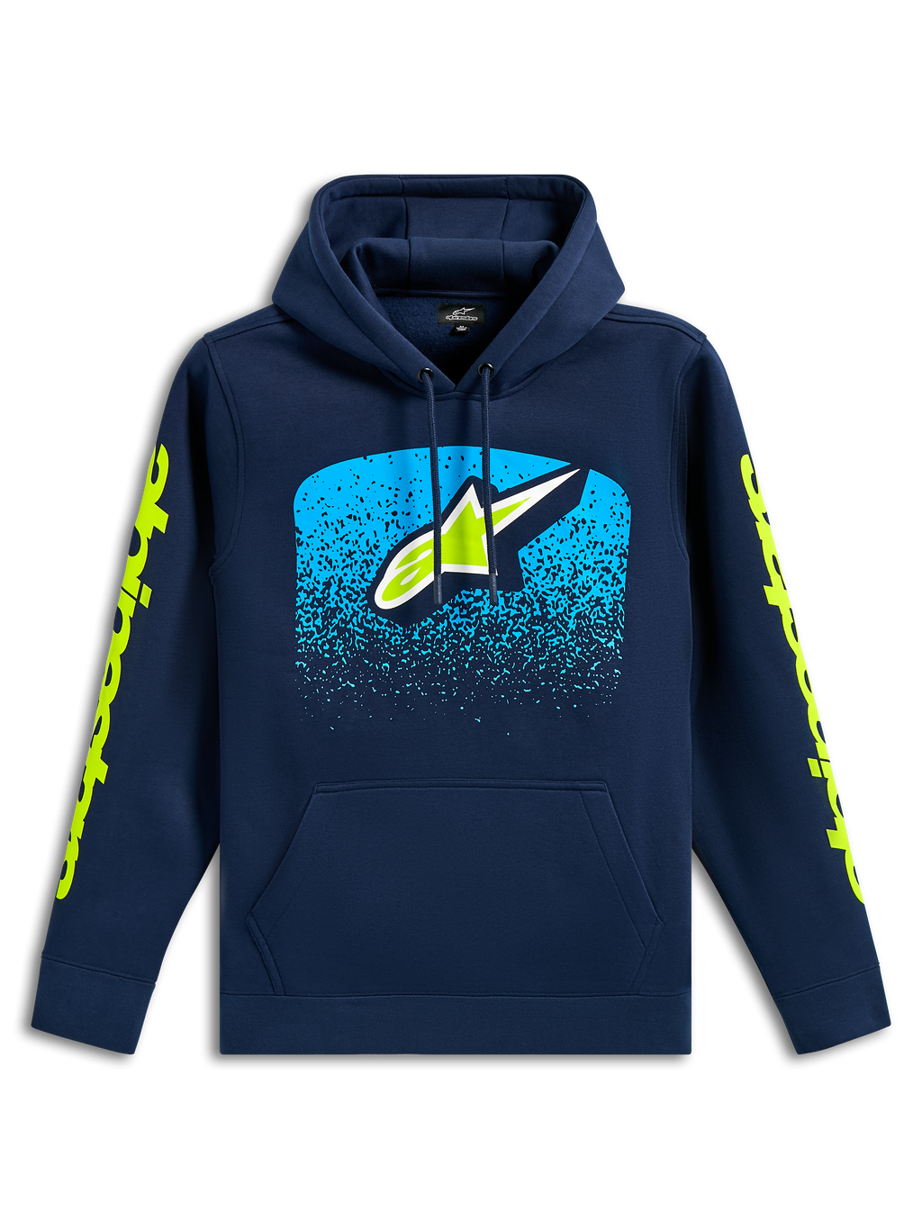 Alpinestars Obsessed Hoodie, marinblå avslappnad huvtröja, Astars-logotyp fram med cyanfärgad MX-toningsgrafik, limegröna ordloggor på ärmarna, huva med dragsnöre och känguruficka, motorsportinspirerad design