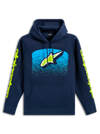 Alpinestars Obsessed Hoodie, marinblå avslappnad huvtröja, Astars-logotyp fram med cyanfärgad MX-toningsgrafik, limegröna ordloggor på ärmarna, huva med dragsnöre och känguruficka, motorsportinspirerad design