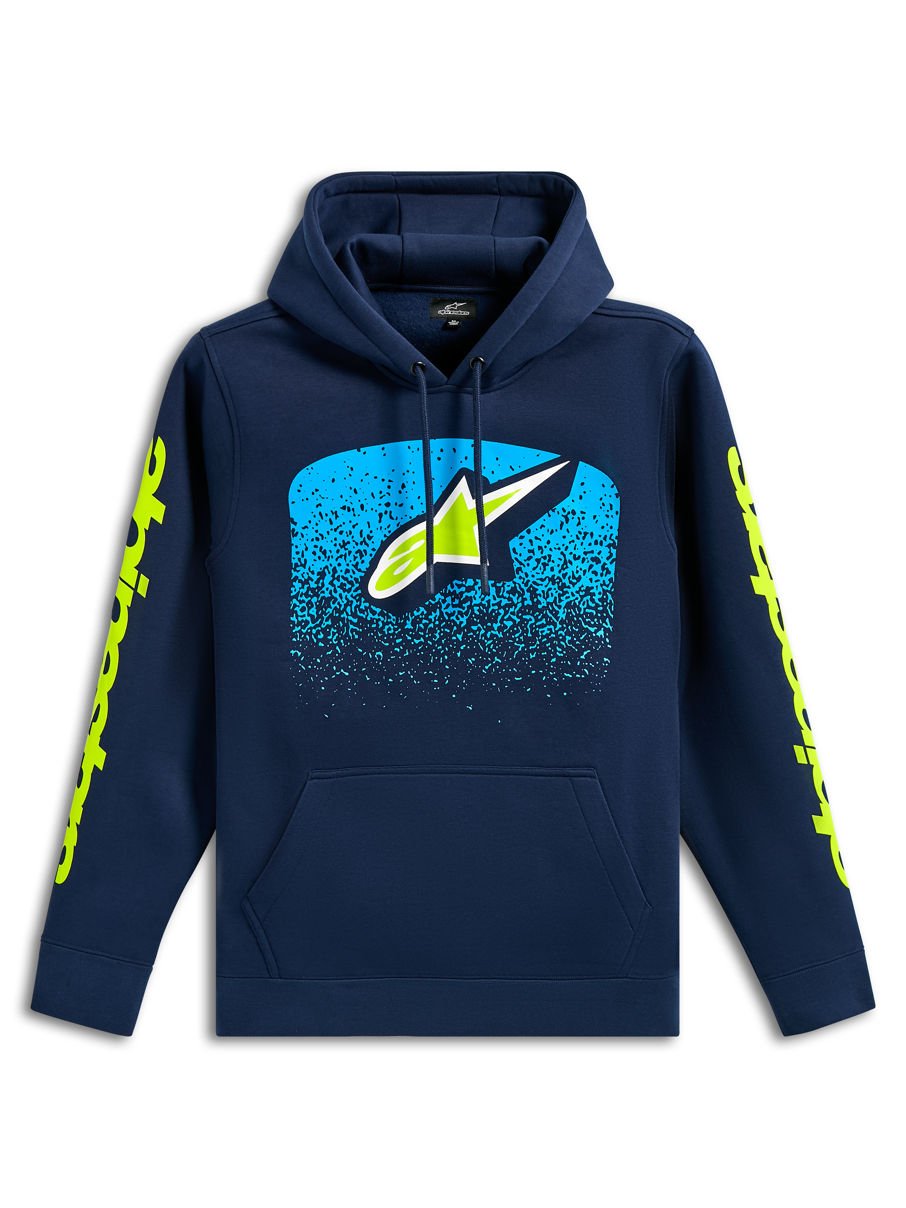 Alpinestars Obsessed Hoodie, marinblå avslappnad huvtröja, Astars-logotyp fram med cyanfärgad MX-toningsgrafik, limegröna ordloggor på ärmarna, huva med dragsnöre och känguruficka, motorsportinspirerad design
