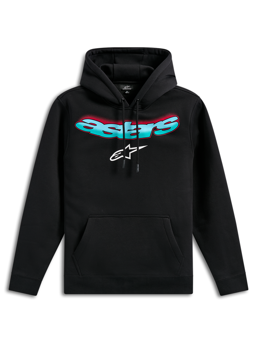 Alpinestars Ellipsoid Hoodie, svart fleecehuvtröja, med böjd Astars-text i turkos och röd färggradient och vit stjärnlogotyp, huva med dragsnöre, känguruficka, avslappnad motorsport-inspirerad streetwear