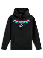 Alpinestars Ellipsoid Hoodie, svart fleecehuvtröja, med böjd Astars-text i turkos och röd färggradient och vit stjärnlogotyp, huva med dragsnöre, känguruficka, avslappnad motorsport-inspirerad streetwear