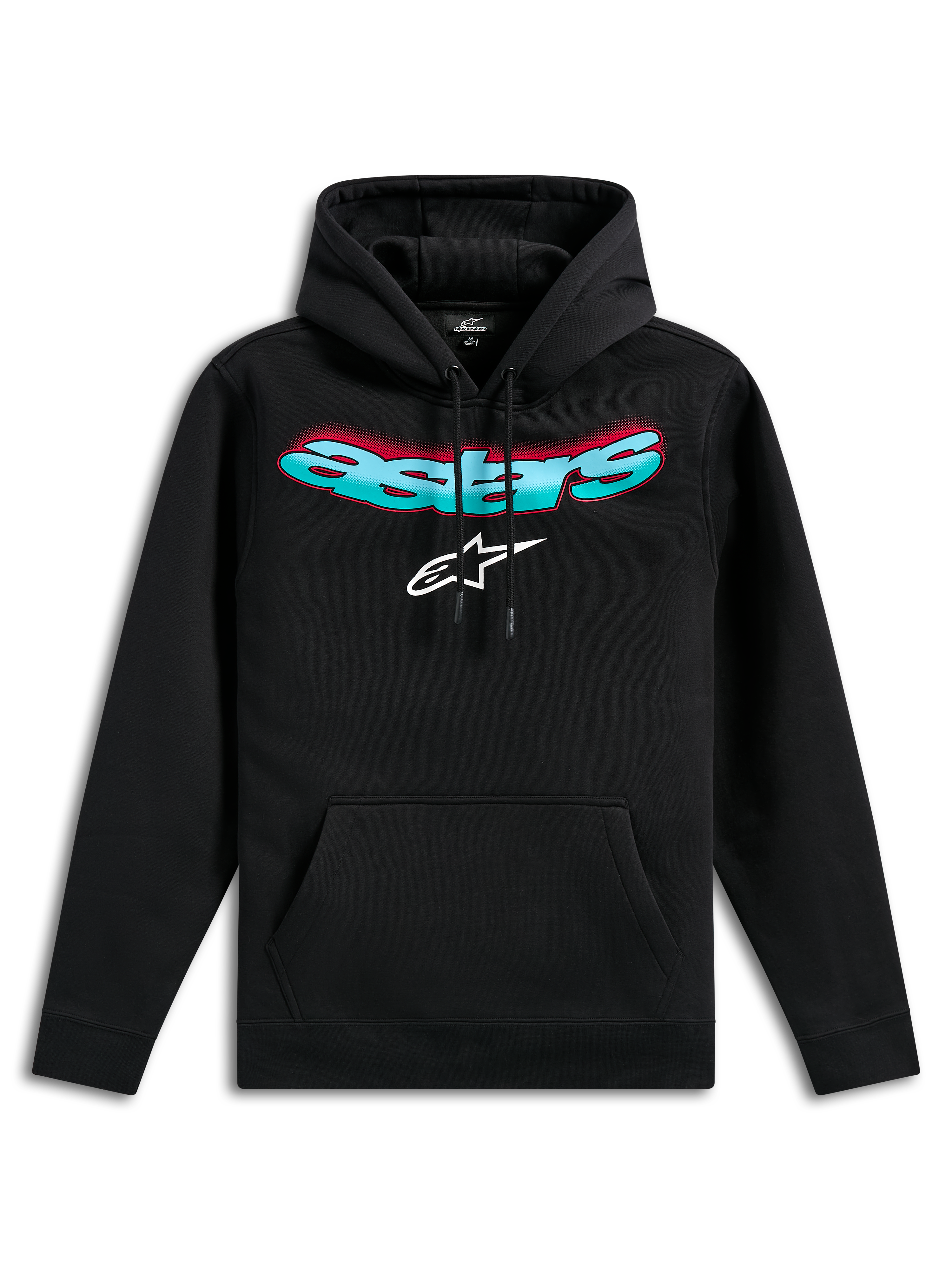 Alpinestars Ellipsoid Hoodie, svart fleecehuvtröja, med böjd Astars-text i turkos och röd färggradient och vit stjärnlogotyp, huva med dragsnöre, känguruficka, avslappnad motorsport-inspirerad streetwear