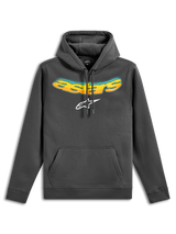 Alpinestars Ellipsoid Hoodie, fleece-huvtröja, gunmetal-grå, med en böjd Astars-text i gul och orange färggradient och vit Astars-logotyp, känguruficka framtill, avslappnad motorsport-inspirerad streetwear