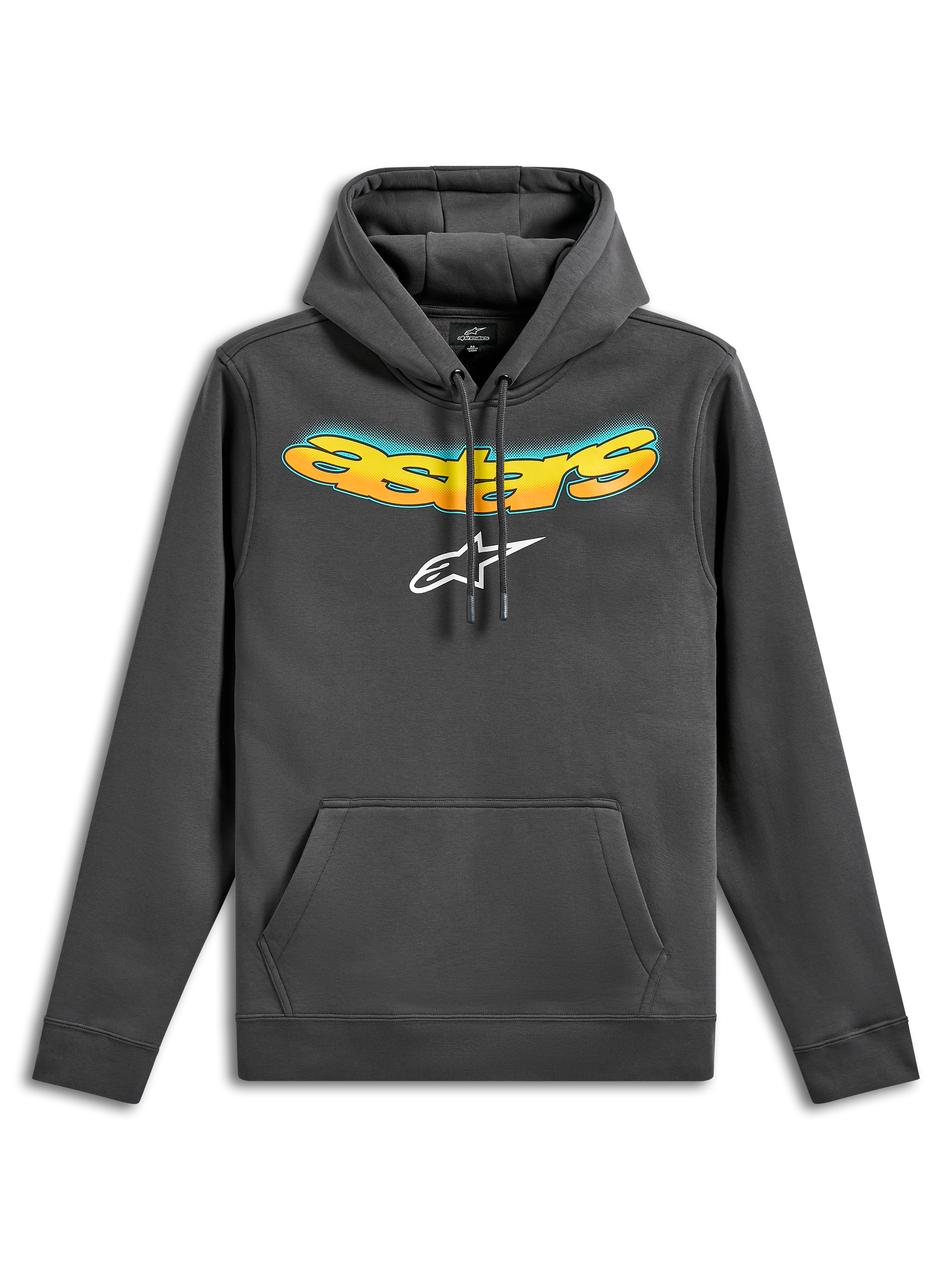 Alpinestars Ellipsoid Hoodie, fleece-huvtröja, gunmetal-grå, med en böjd Astars-text i gul och orange färggradient och vit Astars-logotyp, känguruficka framtill, avslappnad motorsport-inspirerad streetwear