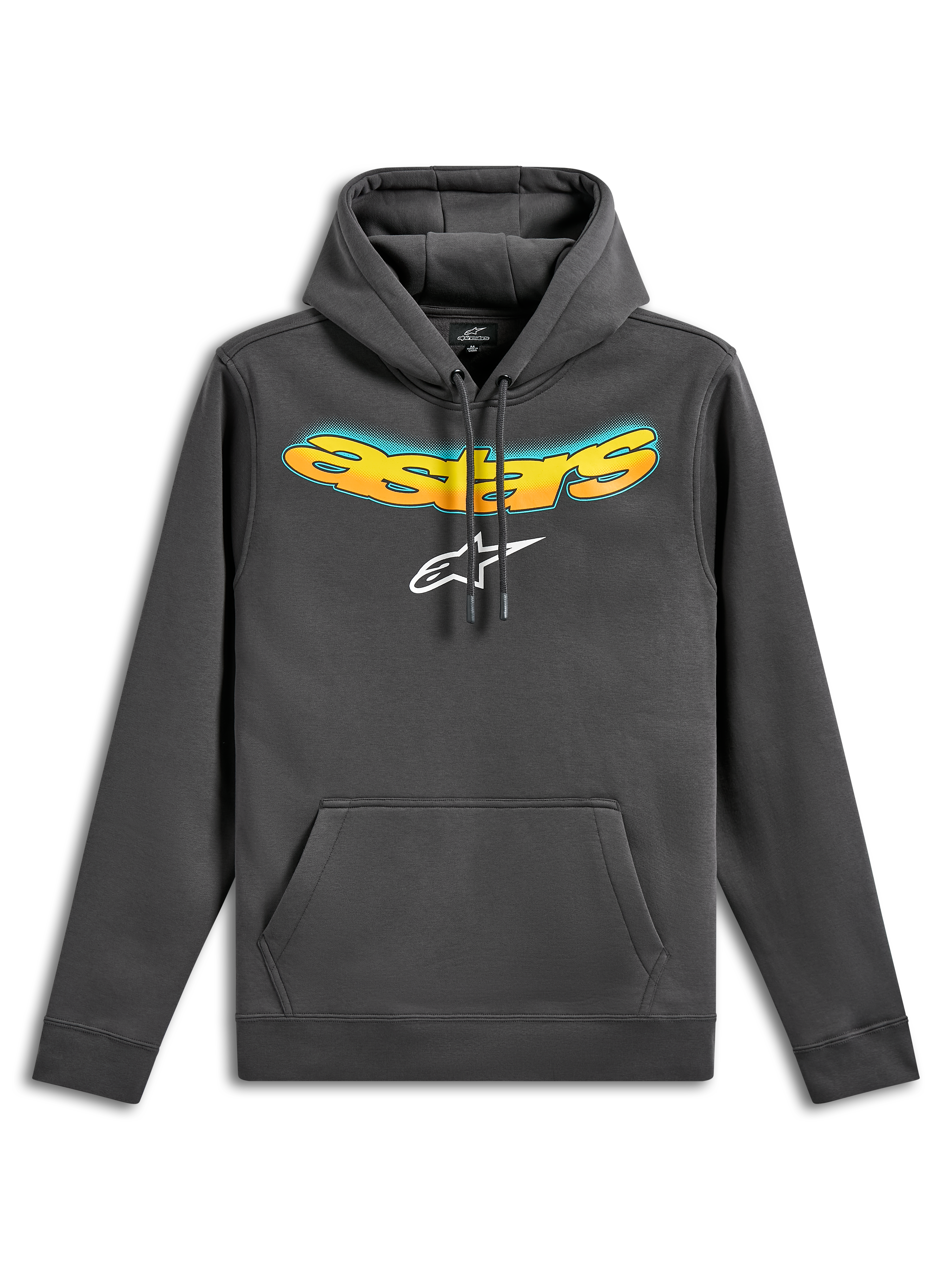 Alpinestars Ellipsoid Hoodie, fleece-huvtröja, gunmetal-grå, med en böjd Astars-text i gul och orange färggradient och vit Astars-logotyp, känguruficka framtill, avslappnad motorsport-inspirerad streetwear