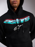 Alpinestars Ellipsoid Hoodie, svart huvtröja i fleece, Astars-ordmärke med färggradient i turkost och blått och röda halftone-detaljer, vit stjärnlogotyp, huva med dragsnöre, avslappnad motorsportinspirerad streetwear