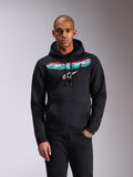 Alpinestars Ellipsoid Hoodie, svart huvtröja i fleece, Astars-text med färggradient i turkos och rosa och vit stjärnlogotyp på bröstet, huva med dragsnöre, känguruficka, avslappnade sportkläder