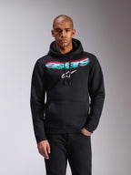 Alpinestars Ellipsoid Hoodie, svart huvtröja i fleece, Astars-text med färggradient i turkos och rosa och vit stjärnlogotyp på bröstet, huva med dragsnöre, känguruficka, avslappnade sportkläder