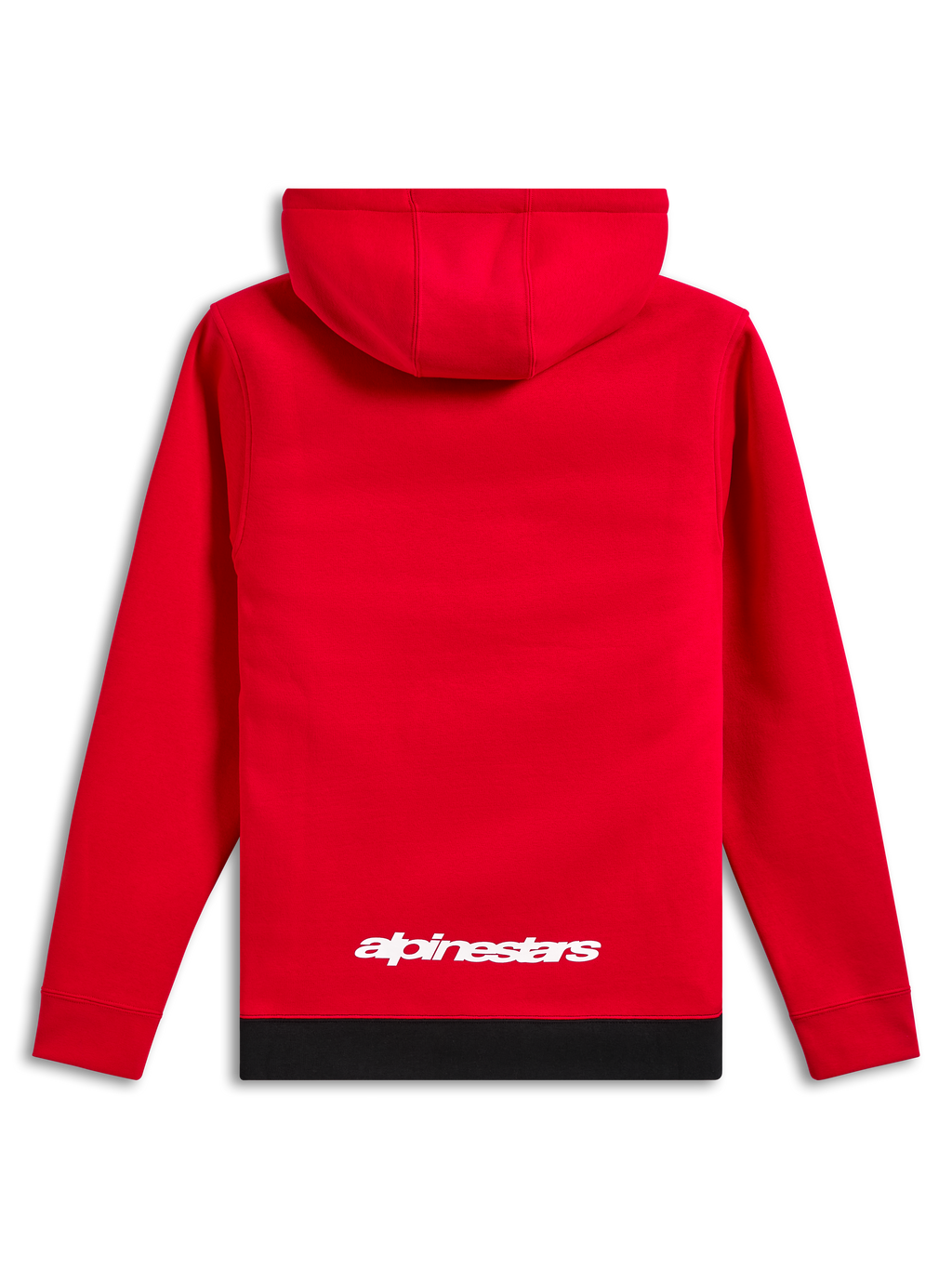 Alpinestars Parallel Hoodie, casual streetwear, röd med svart ribbad fåll, vit Alpinestars-logotyp på nedre delen av ryggen, huvtröja i pullover-modell, sedd bakifrån