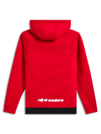Alpinestars Parallel Hoodie, casual streetwear, röd med svart ribbad fåll, vit Alpinestars-logotyp på nedre delen av ryggen, huvtröja i pullover-modell, sedd bakifrån