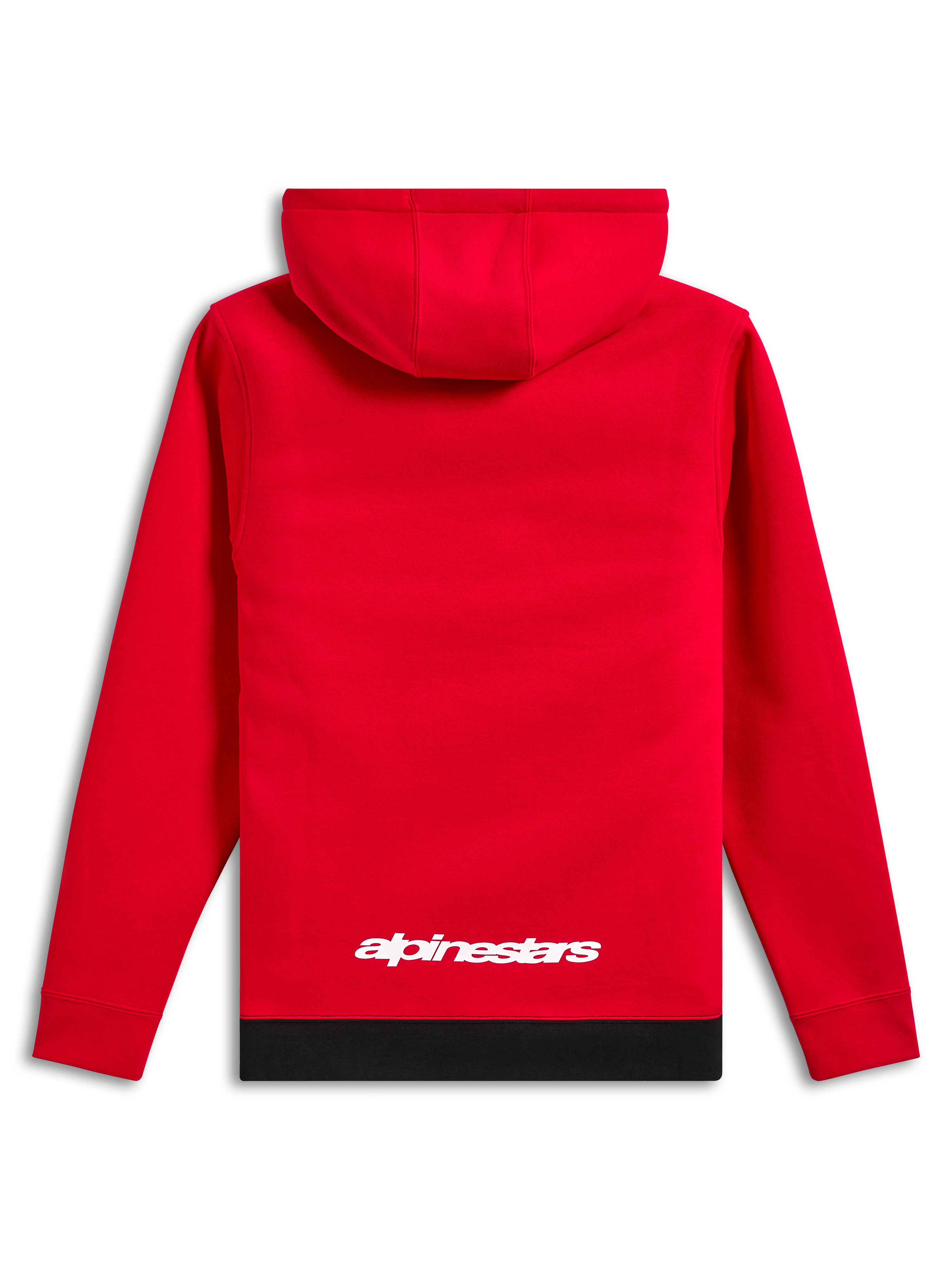 Alpinestars Parallel Hoodie, casual streetwear, röd med svart ribbad fåll, vit Alpinestars-logotyp på nedre delen av ryggen, huvtröja i pullover-modell, sedd bakifrån