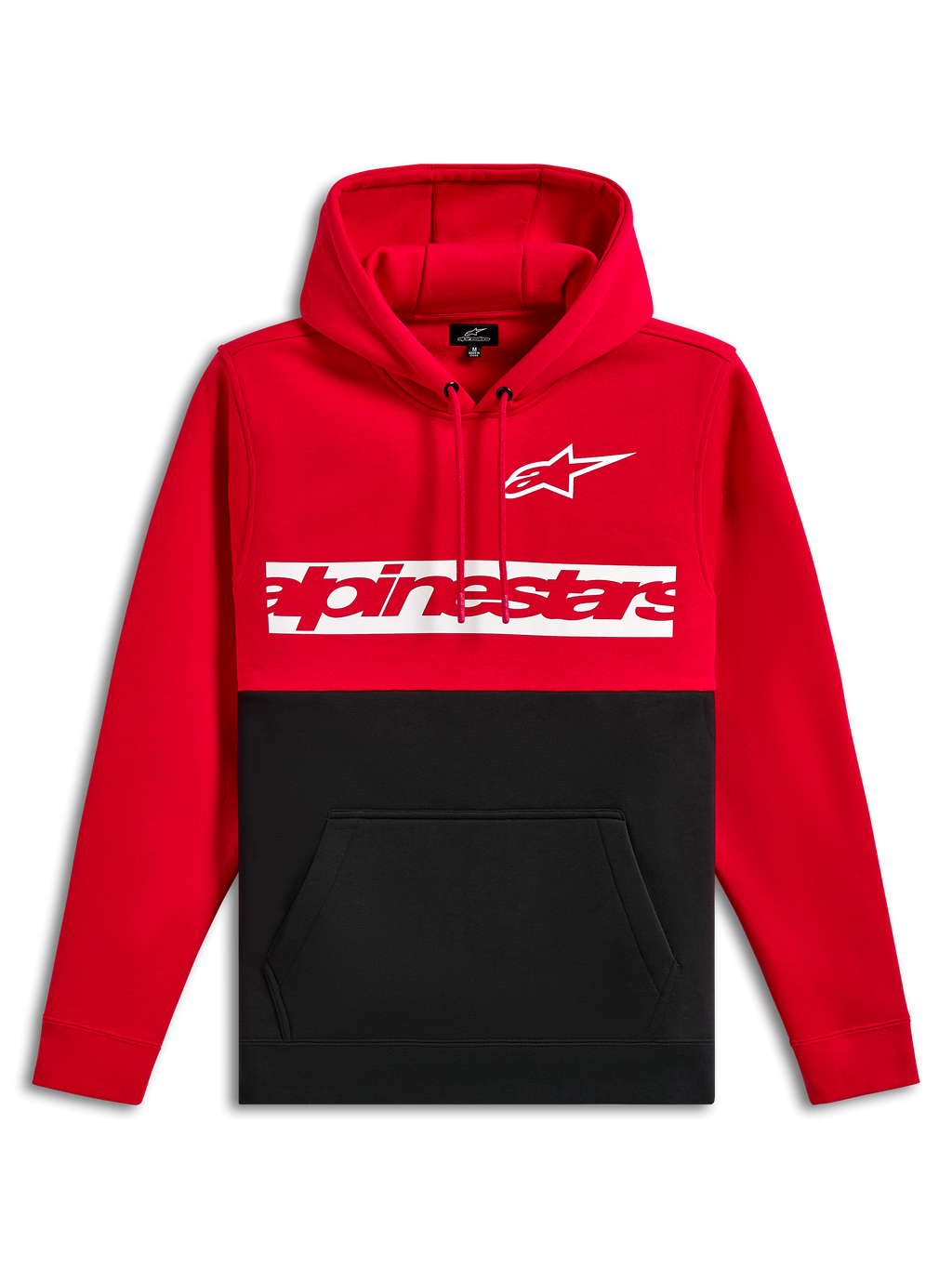 Alpinestars Parallel Hoodie, fleecehuvtröja, röd och svart färgblockerad design, vit Astars-logotyp och röd Alpinestars-ordlogotyp på ett vitt bröstfält, huva med dragsko, känguruficka, avslappnad motorsport-streetwear