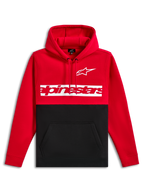 Alpinestars Parallel Hoodie, fleecehuvtröja, röd och svart färgblockerad design, vit Astars-logotyp och röd Alpinestars-ordlogotyp på ett vitt bröstfält, huva med dragsko, känguruficka, avslappnad motorsport-streetwear