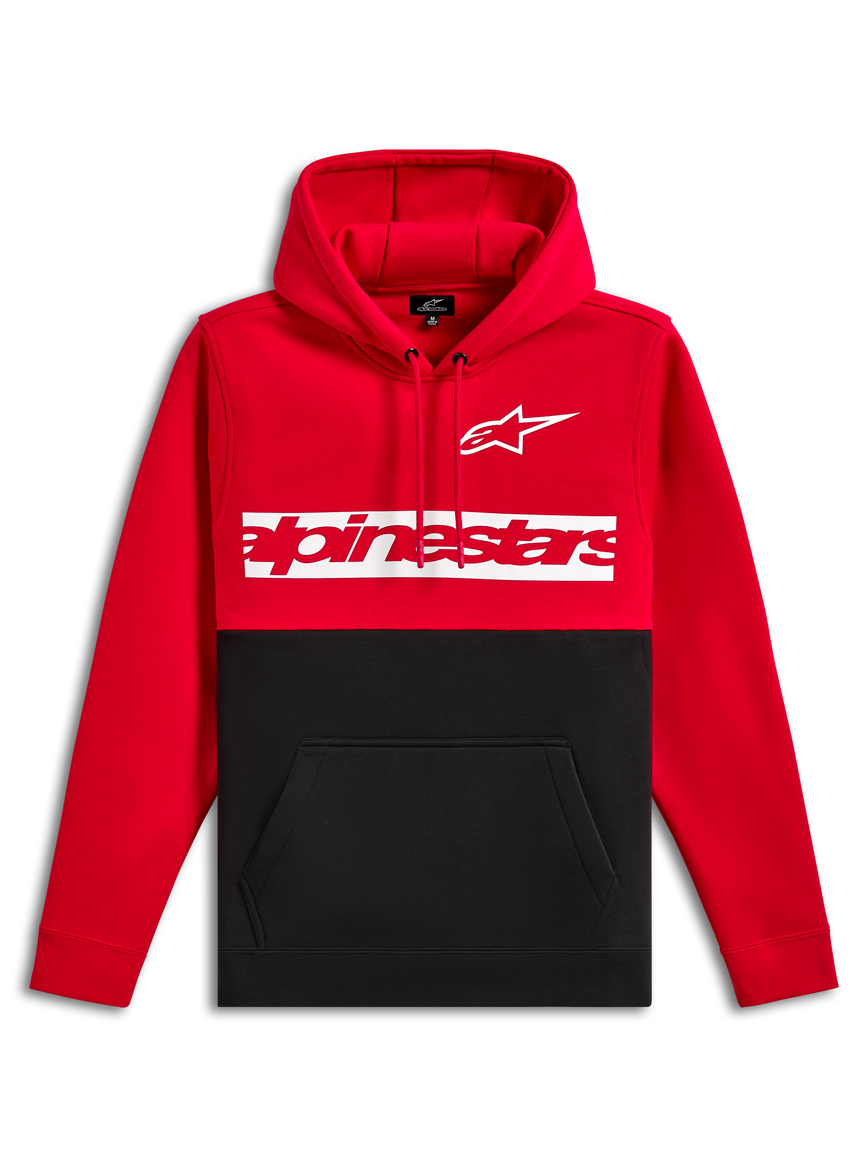 Alpinestars Parallel Hoodie, fleecehuvtröja, röd och svart färgblockerad design, vit Astars-logotyp och röd Alpinestars-ordlogotyp på ett vitt bröstfält, huva med dragsko, känguruficka, avslappnad motorsport-streetwear