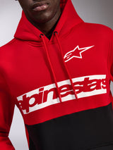 Alpinestars Parallel Hoodie, Red and Black color-blocked fleece, featuring a white Astars logo and red Alpinestars wordmark on a white chest band, drawstring hood, casual motorsport-inspired streetwear