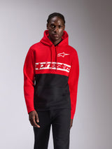 Alpinestars Parallel Hoodie, casual streetwear, color-blocked red and black, large white Alpinestars word logo and Astars logo on chest, drawstring hood, front kangaroo pocket, motorsport-inspired design