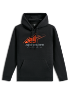 Alpinestars Pulse Hoodie, black casual sportswear, featuring an orange Astars logo with speed line fade on the chest, grey alpinestars branding, front pouch pocket, and drawstring hood