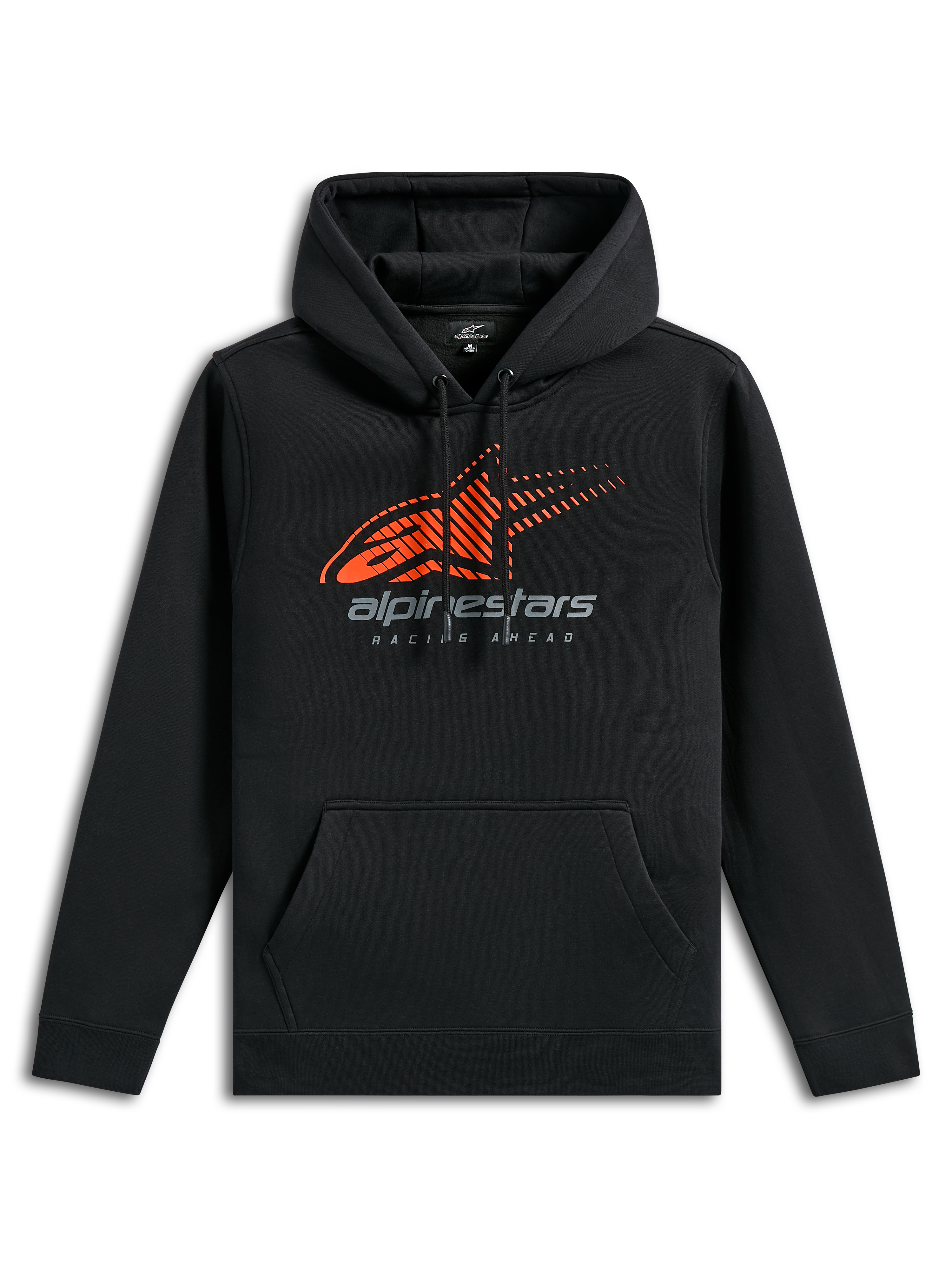 Alpinestars Pulse Hoodie, black casual sportswear, featuring an orange Astars logo with speed line fade on the chest, grey alpinestars branding, front pouch pocket, and drawstring hood