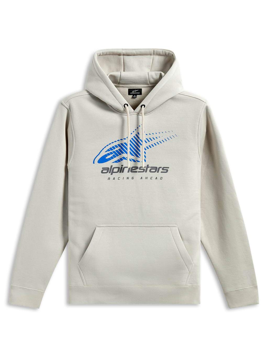 Alpinestars Pulse Huvtröja, avslappnad streetwear, off-white med blå Astars-logotyp och grått tryck, känguruficka fram, huva med dragsko, långa ärmar, modern motorsport-inspirerad design