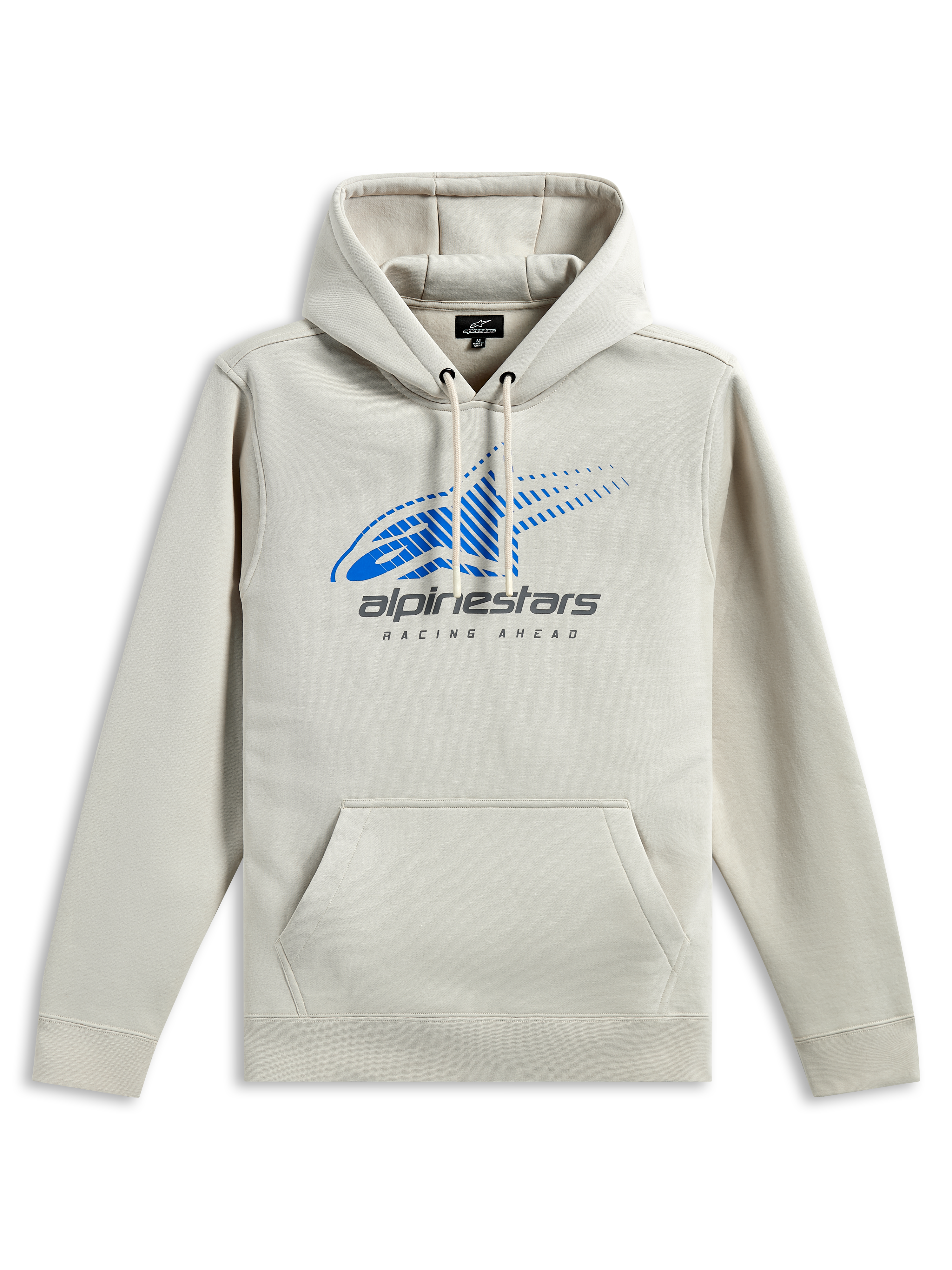 Alpinestars Pulse Huvtröja, avslappnad streetwear, off-white med blå Astars-logotyp och grått tryck, känguruficka fram, huva med dragsko, långa ärmar, modern motorsport-inspirerad design