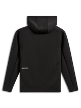 Alpinestars Cypher Hoodie, baksida, svart, vardaglig huvtröja med dragkedja i dubbelsidig fleece, liten vit Alpinestars-ordlogotyp på nedre delen av ryggen, meshfodrad huva, modern motorsport-inspirerad design