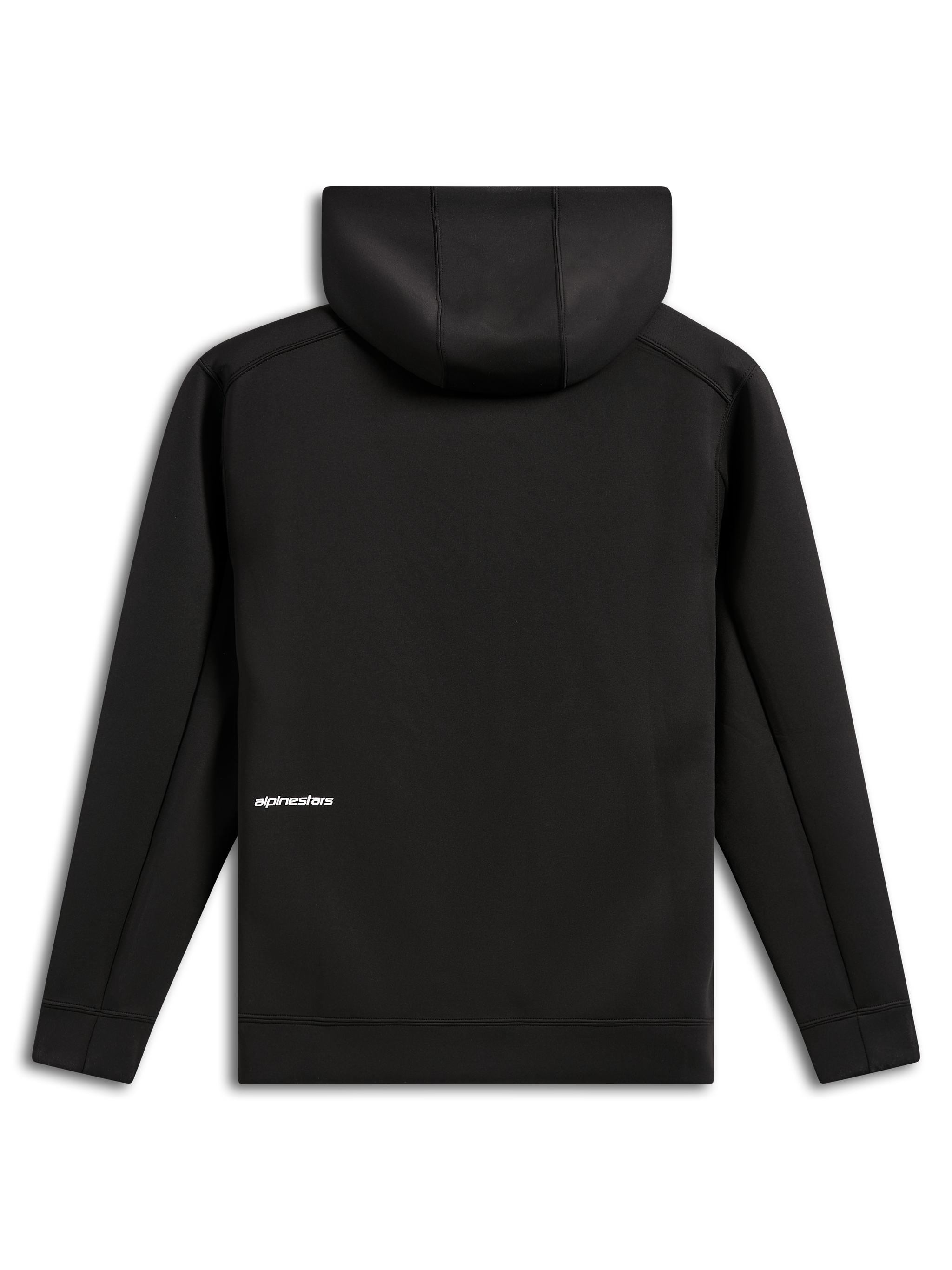 Alpinestars Cypher Hoodie, baksida, svart, vardaglig huvtröja med dragkedja i dubbelsidig fleece, liten vit Alpinestars-ordlogotyp på nedre delen av ryggen, meshfodrad huva, modern motorsport-inspirerad design