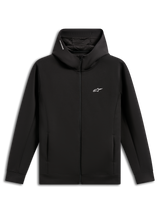 Alpinestars Cypher Hoodie, svart, fleecehuvtröja med dragkedja fram i dubbelsidigt material, hög huva med meshfoder och Alpinestars ordlogotyp, liten vit Astars-logotyp på bröstet, fickor i sidsöm, avslappnad motorsport-inspirerad streetwear