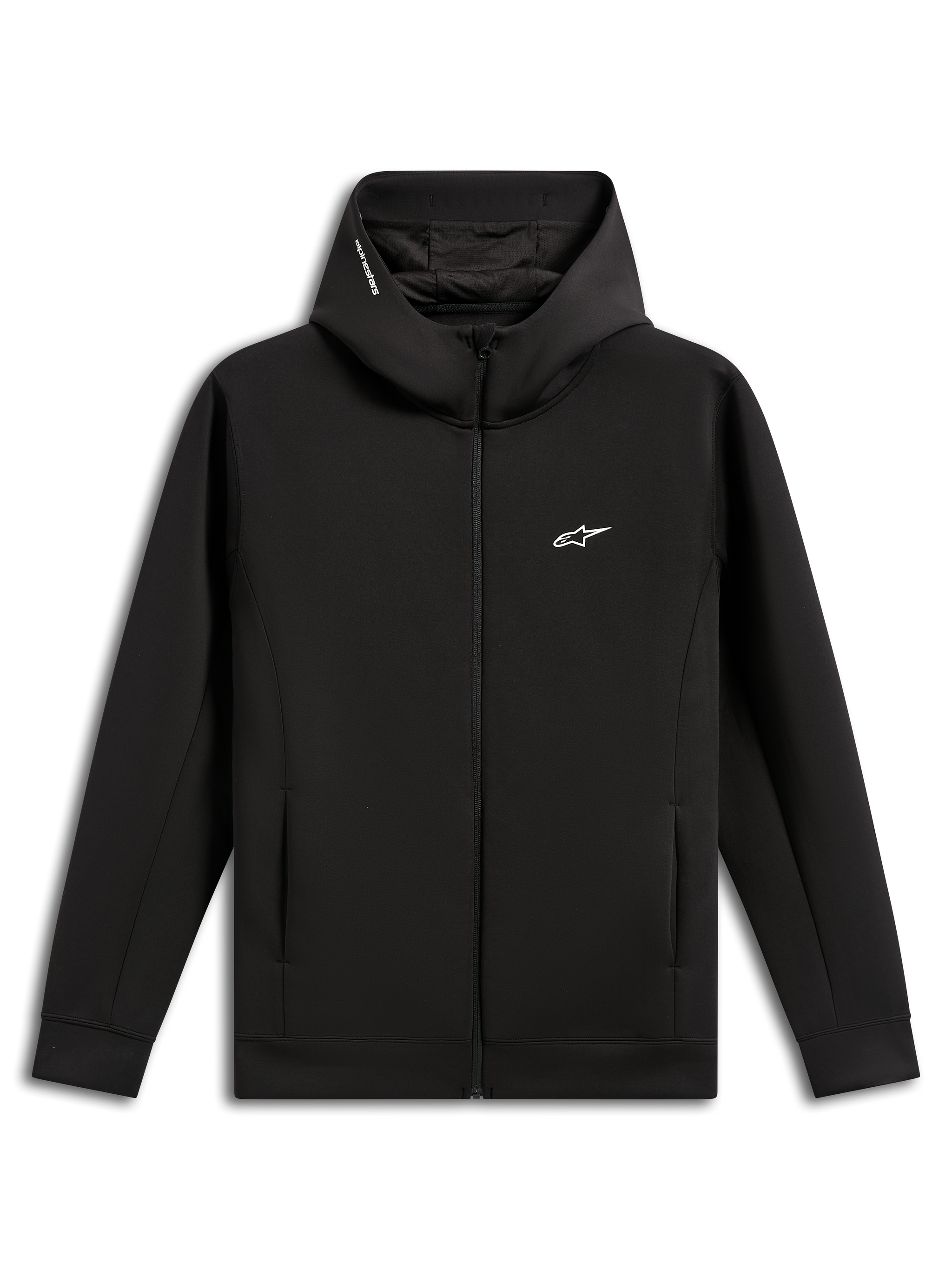 Alpinestars Cypher Hoodie, svart, fleecehuvtröja med dragkedja fram i dubbelsidigt material, hög huva med meshfoder och Alpinestars ordlogotyp, liten vit Astars-logotyp på bröstet, fickor i sidsöm, avslappnad motorsport-inspirerad streetwear