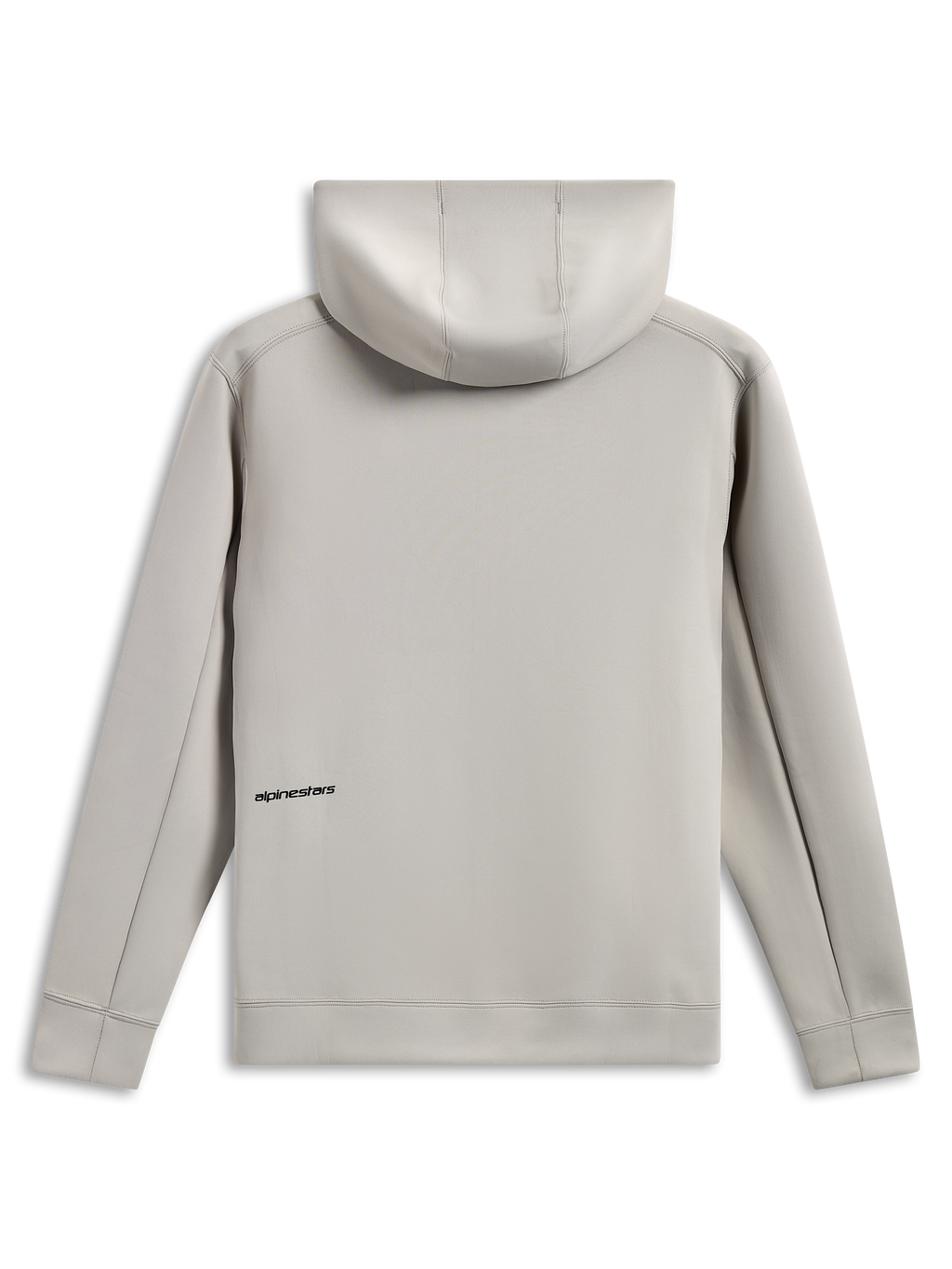 Alpinestars Cypher Hoodie, back view, cement gray, tri-blend double face fleece, small black word logo on the lower back, mesh-lined hood, casual motorsport-inspired streetwear
