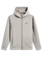 Alpinestars Cypher Hoodie, full-zip double face fleece hoodie, Cement gray, featuring a black Astars chest logo, high neck mesh-lined hood with Alpinestars word logo, on-seam pockets, casual sportswear design