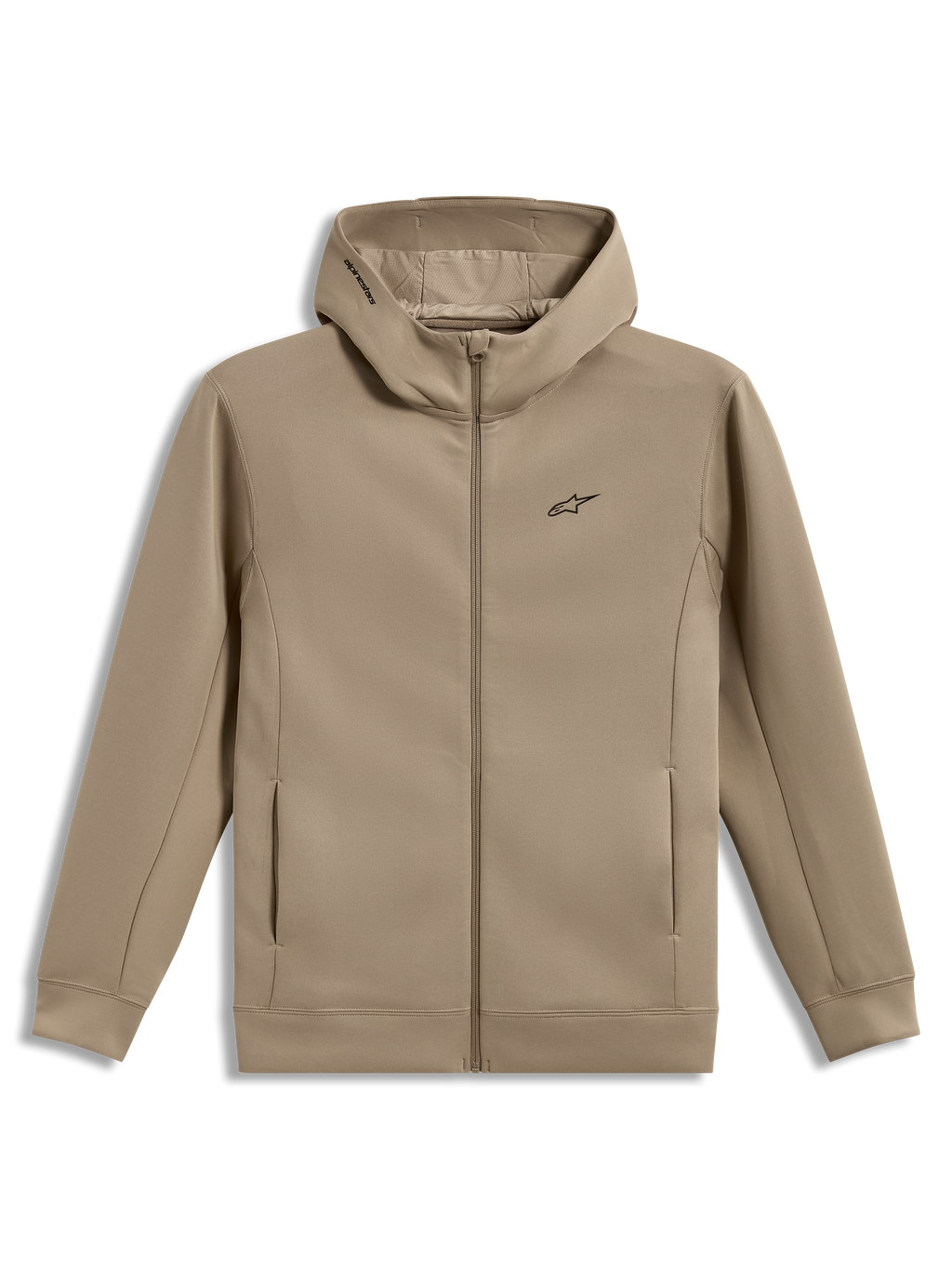 Alpinestars Cypher Hoodie, Putty beige zip-front fleece with mesh-lined high-neck hood and Astars logo.