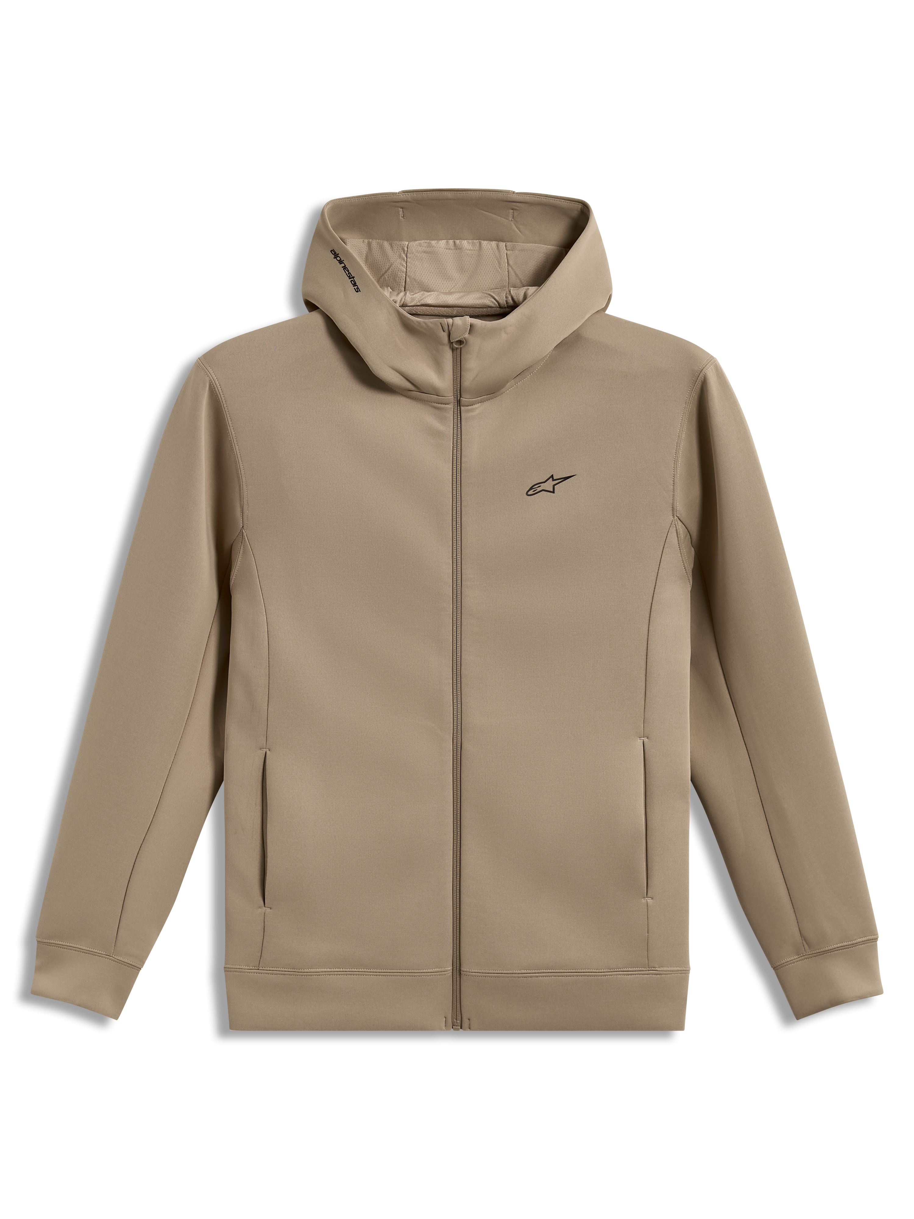 Alpinestars Cypher Hoodie, Putty beige zip-front fleece with mesh-lined high-neck hood and Astars logo.