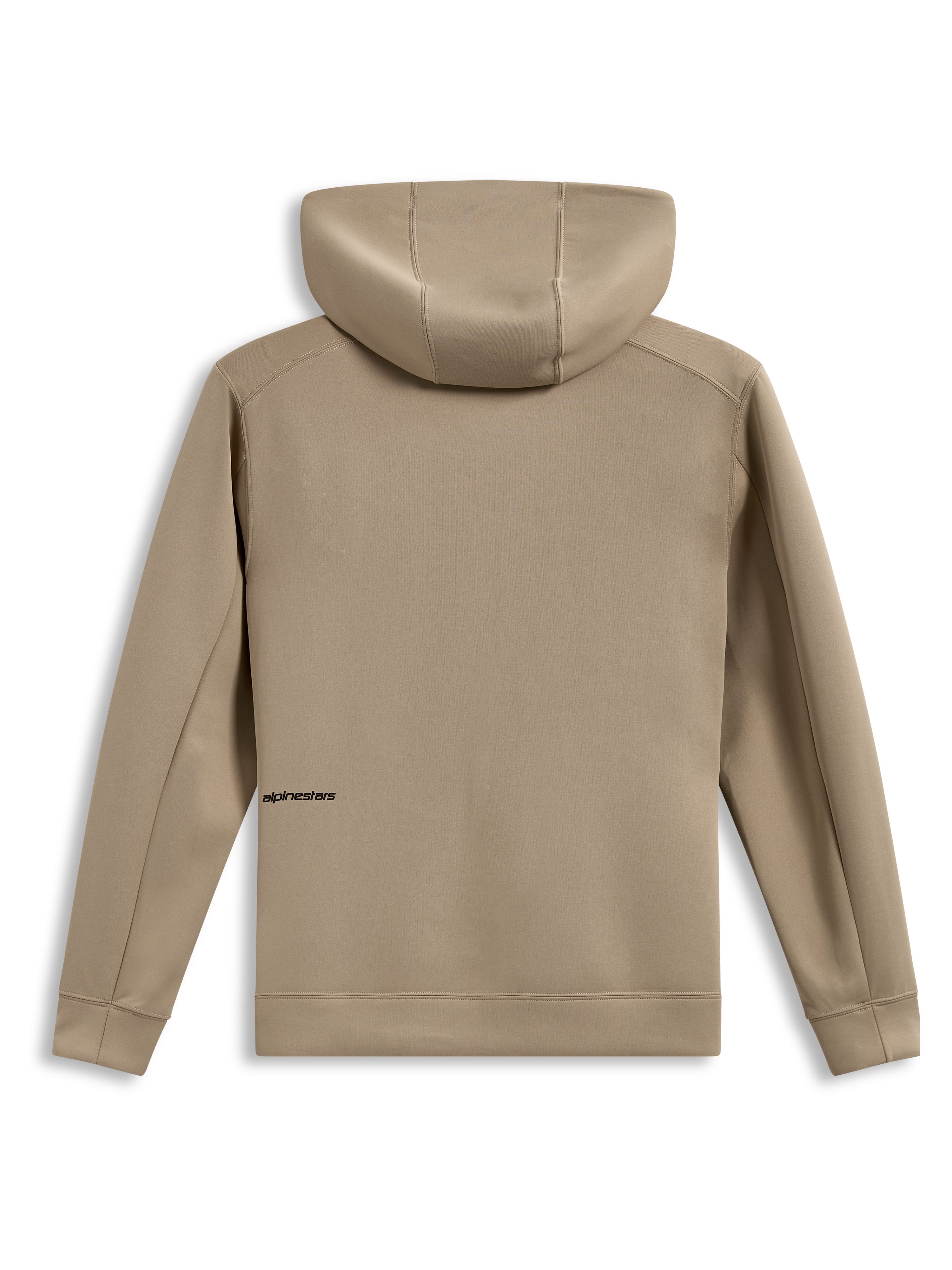 Alpinestars Cypher Hoodie, technical sportswear, Putty Beige, tri-blend fleece, back view with high neck hood and subtle logo.