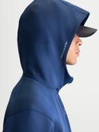 Alpinestars Cypher Hoodie, Men's Sportswear Zip-Front Fleece, Steel Blue, featuring a high-neck mesh-lined hood with side Alpinestars branding, on-model side view.