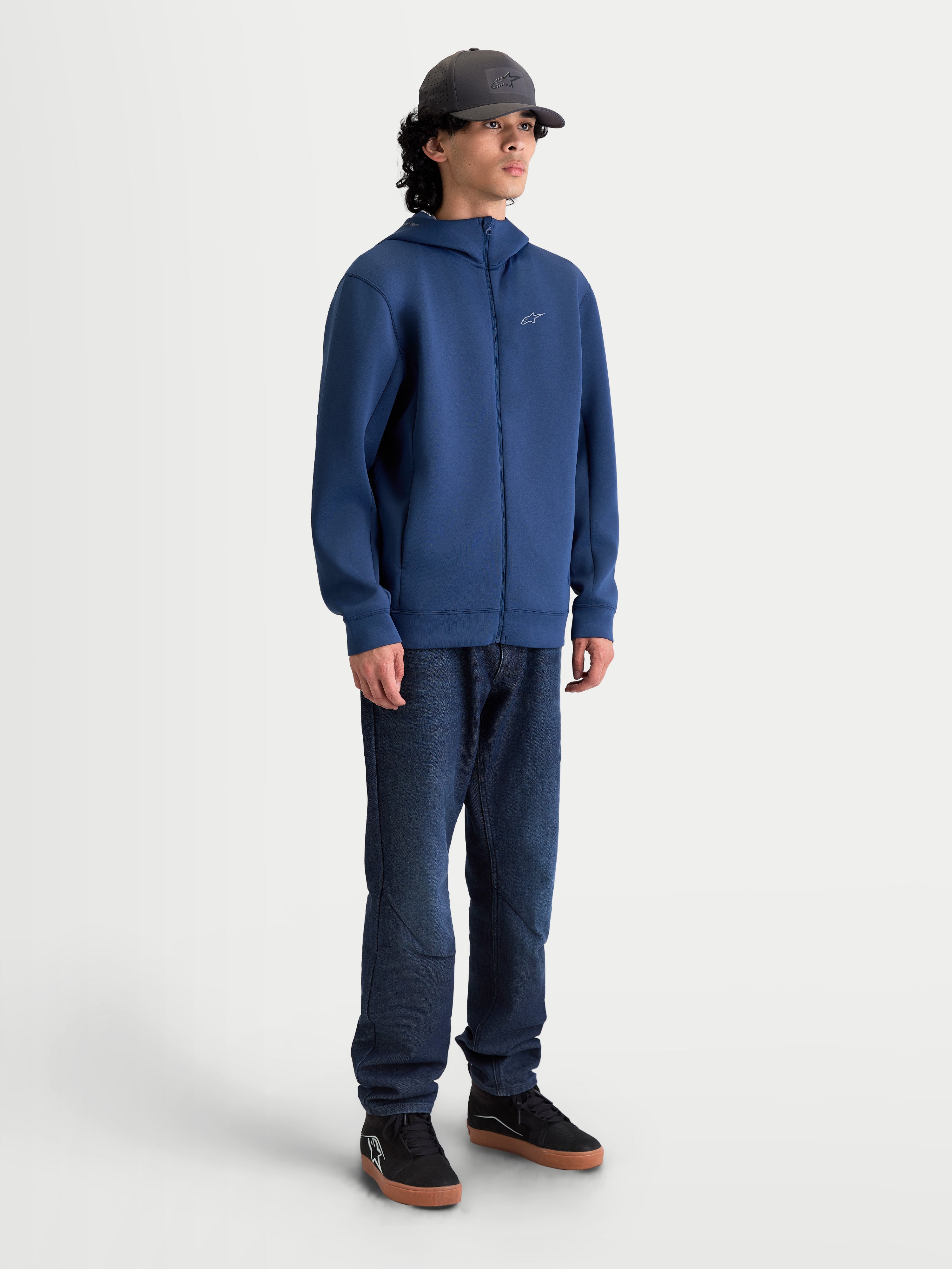 Alpinestars Cypher Hoodie, Zip-Front Sportswear Fleece, Unisex, Steel Blue, Tri-Blend Technical Fabric, High-Neck Mesh-Lined Hood and On-Seam Pockets, Full-body on-model view showing a streamlined motorsport-inspired fit.