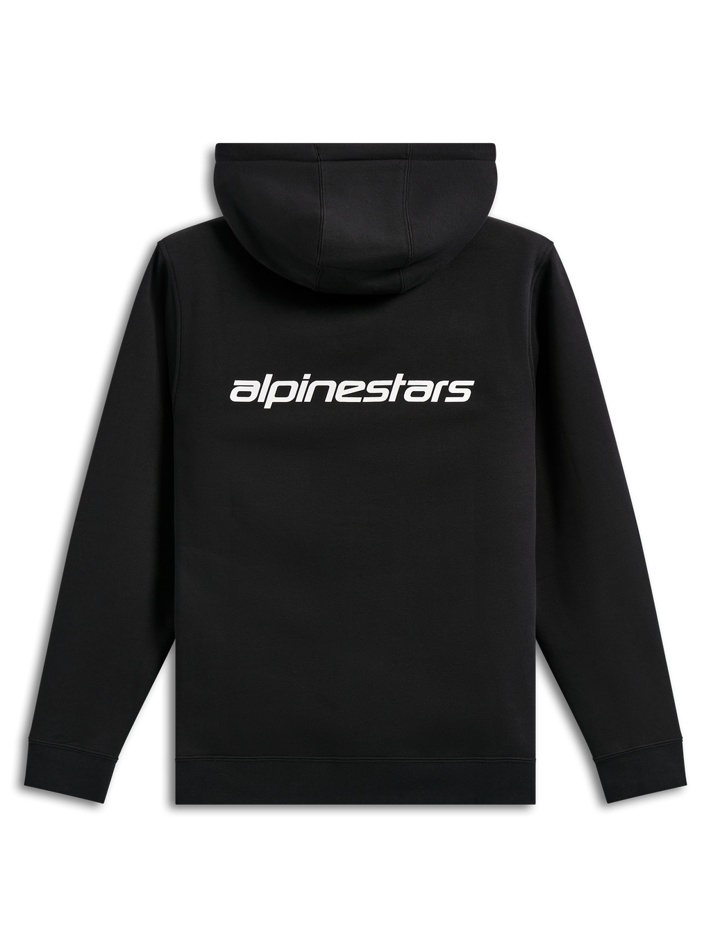 Alpinestars Transverse Hoodie, casual streetwear, black with white Alpinestars word logo on the back, hooded fleece, ribbed cuffs and hem, modern motorsport-inspired design