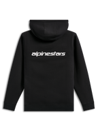 Alpinestars Transverse Hoodie, casual streetwear, black with white Alpinestars word logo on the back, hooded fleece, ribbed cuffs and hem, modern motorsport-inspired design