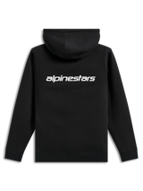 Alpinestars Transverse Hoodie, casual streetwear, svart med vit Alpinestars-ordlogotyp på ryggen, huvtröja i fleece, ribbade muddar och fåll, modern motorsportinspirerad design